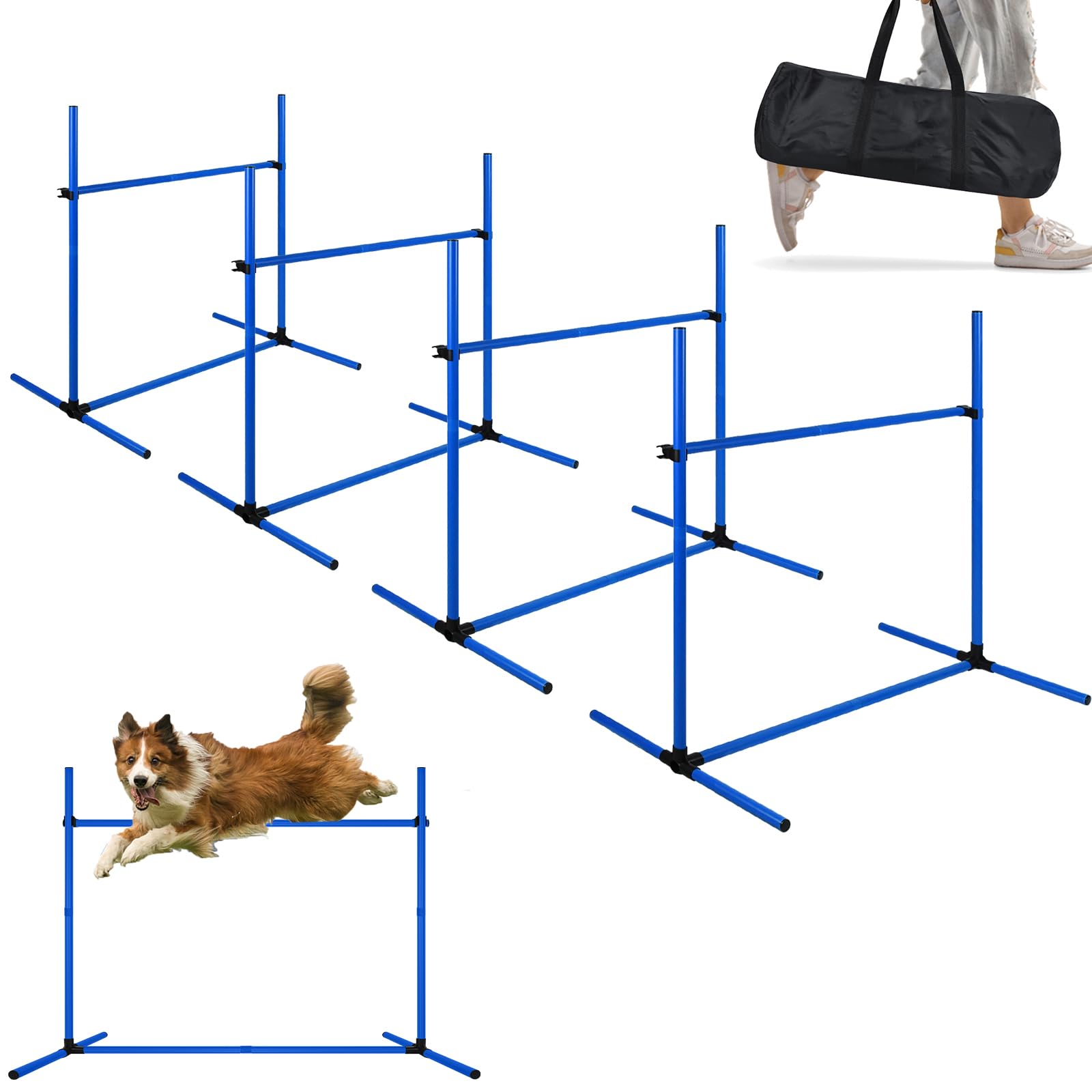 Agility zestaw płotek dla psów, pręty slalomowe, wyposażenie do treningu psów z 4 płotkami z regulacją wysokości, 104 x 70 x 101 cm, niebieski