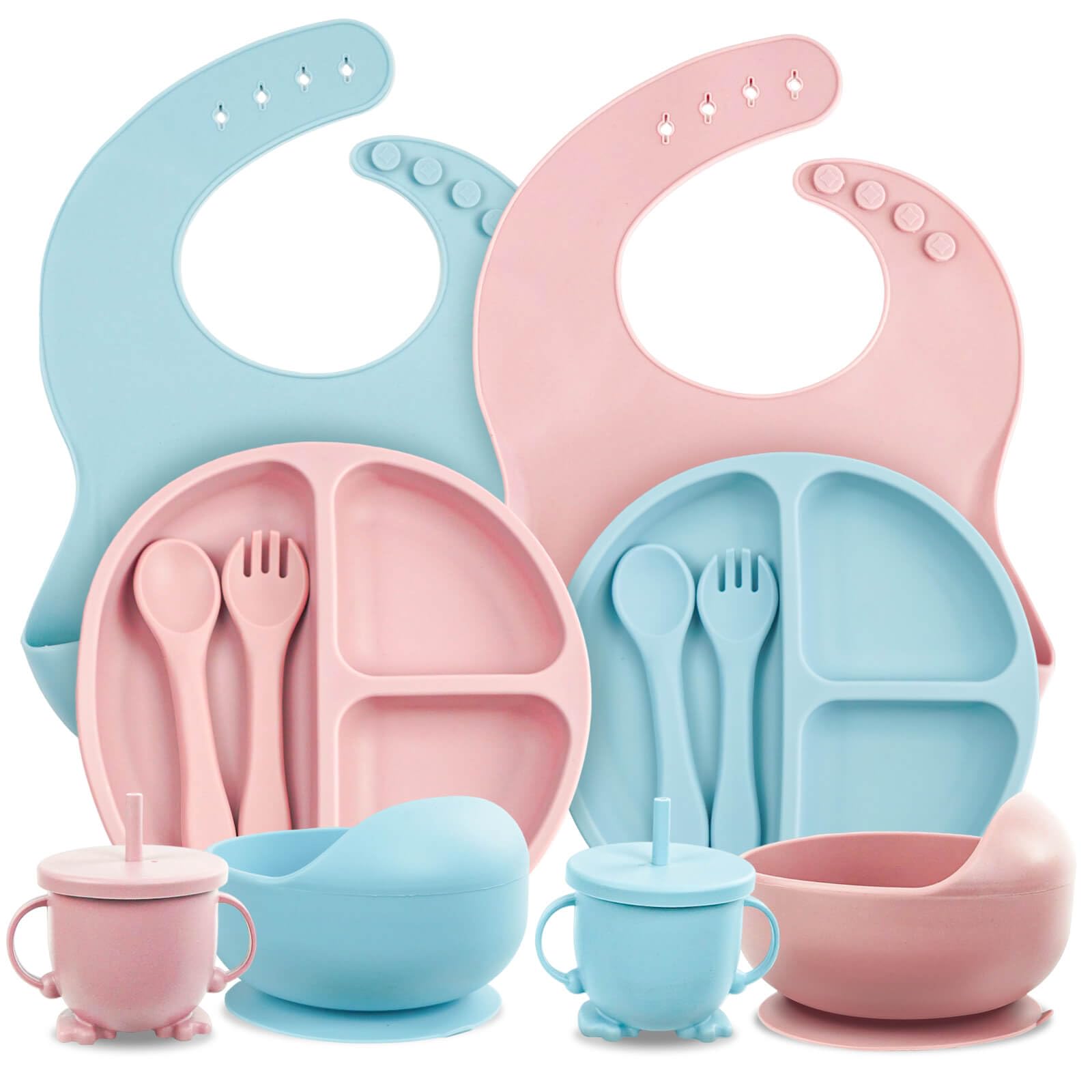 Photo 1 of Silicone Baby Feeding Set, 12 Pack Baby Led Weaning Supplies with Suction Bowl Divided Plate Baby Bibs Spoons Forks Sippy Cups, Eating Utensils for 6+ Months (Pink & Blue)