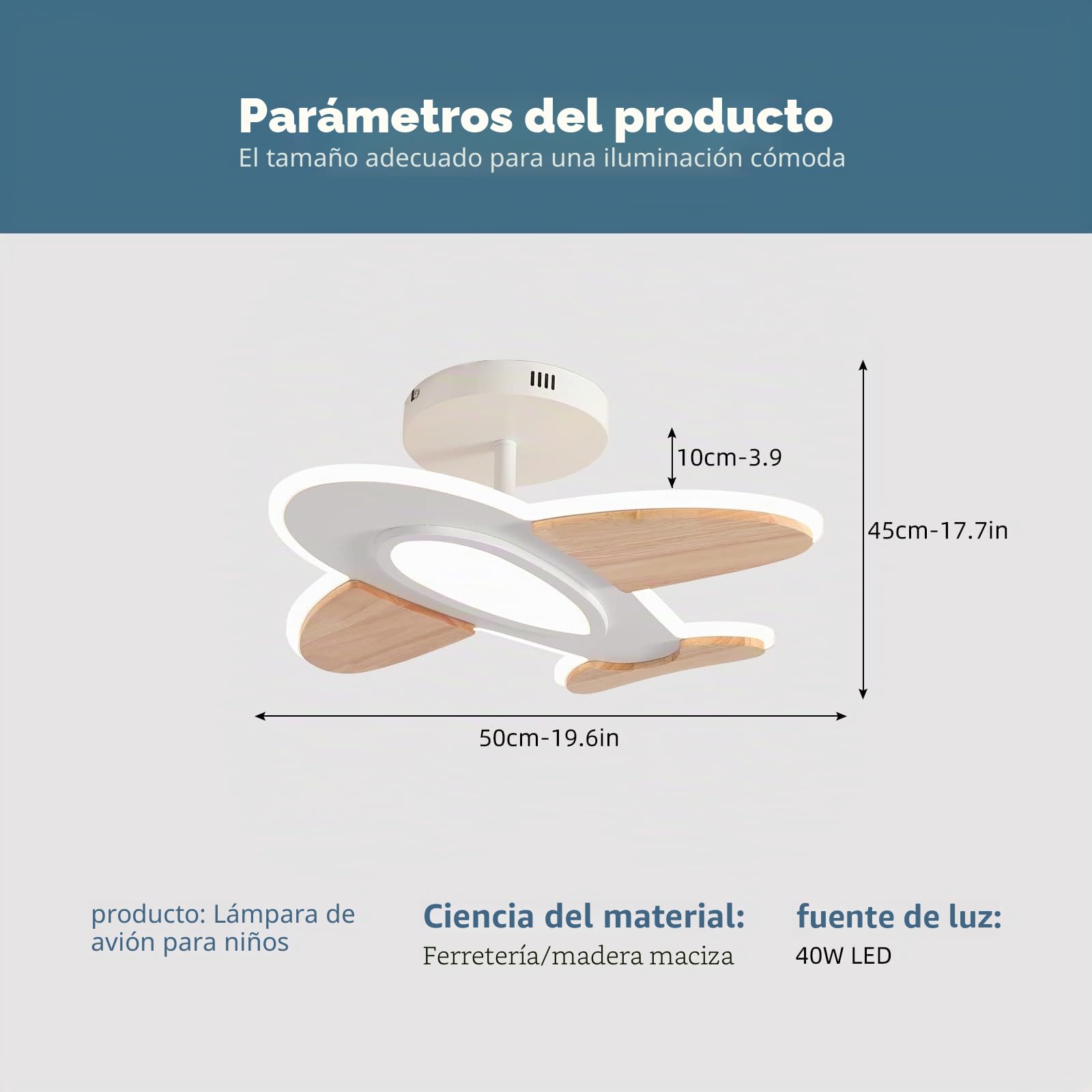 Lámpara de techo LED de 35 W para habitación infantil I con forma de avión regulable con mando a distancia I 50 x 45 cm I 2700-6500 K I Blanco y Madera Accesorios Lámpara de techo
