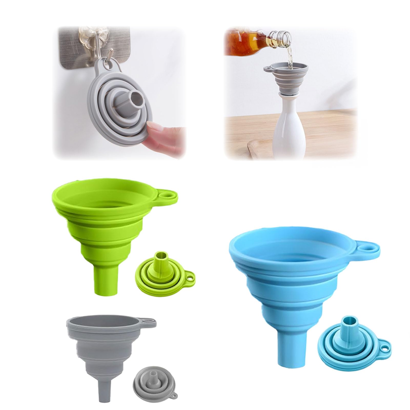 Kitchen Funnel Set, 2026 New Food Grade Silicone Collapsible Funnels for Kitchen, Small Medium and Large Funnels for Filling Water Bottle Liquid Transfer Kitchen Gadgets (3 pcs)