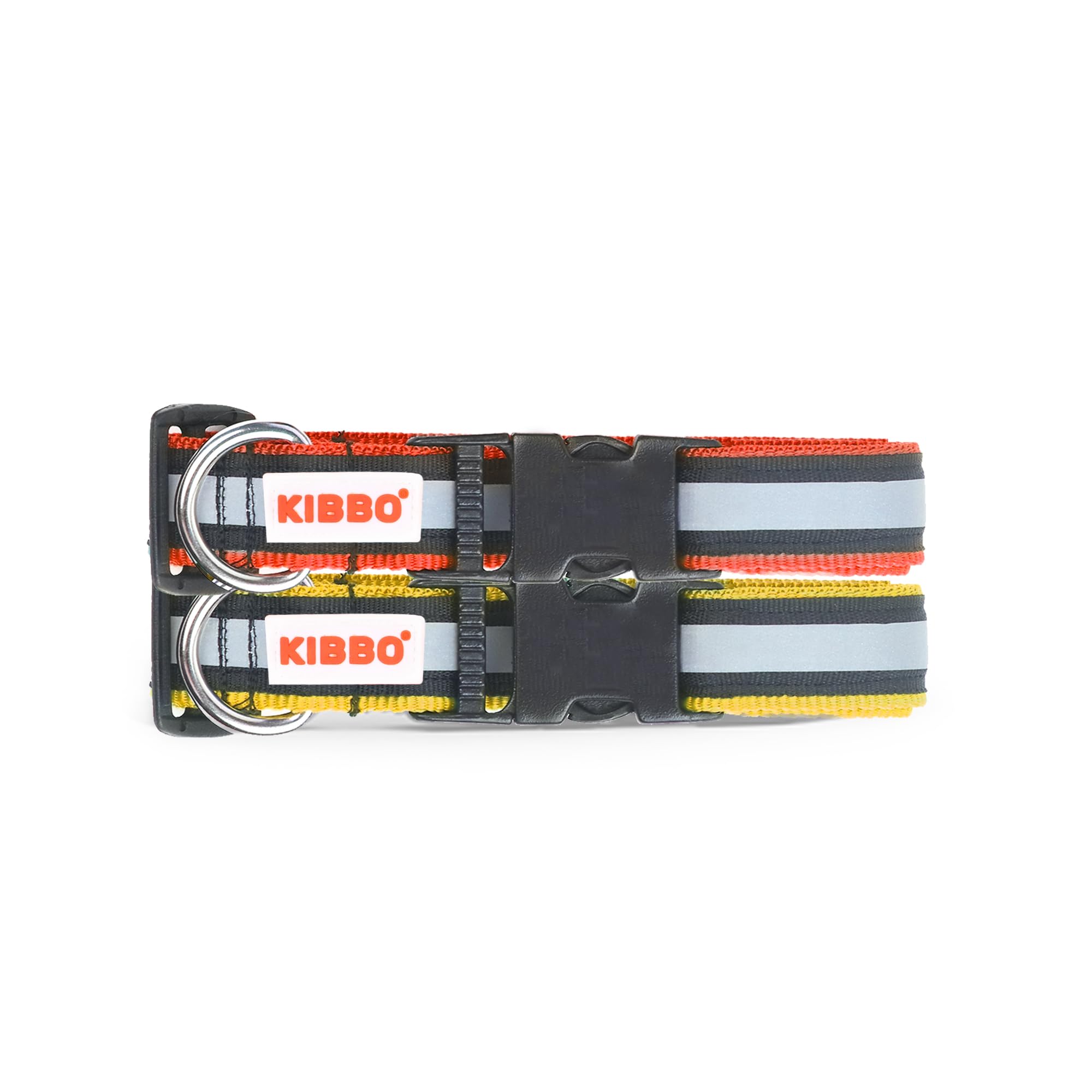 Kibbo Premium Reflective Dog Collar for Small, Medium (M) & Large (L) Pet Breeds | Adjustable Length, Super Lightweight | Heavy Duty Metal D-Ring and Buckle | (Medium, Red & Yellow, Pack of 2)