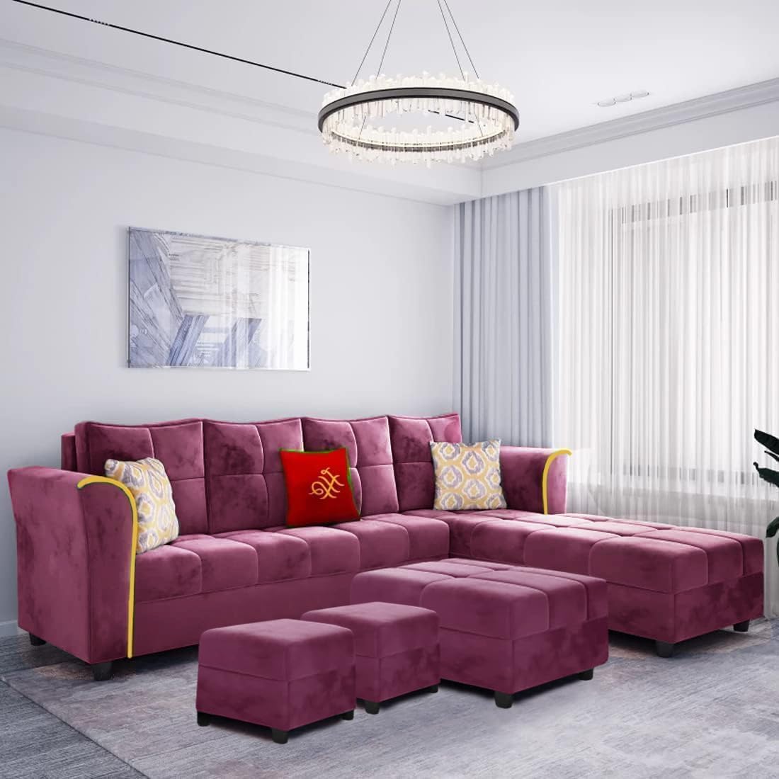FURNY Melrond 8 Seater Fabric RHS L Shape Sectional Sofa Set with 1 Centre Table & Puffy (Pink)-image-41