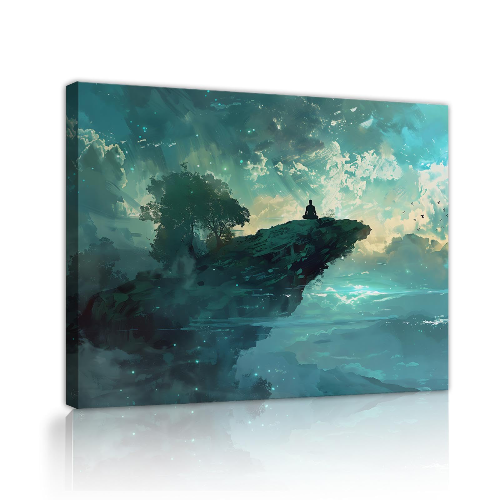 SHENGPOSTER Dreamlike and Mysterious Canvas Wall Art Yoga Meditation Position Canvas Prints Cliff Clouds Stretched Pictures Home Decor Blue 75x100cm Wewnętrzna ramka