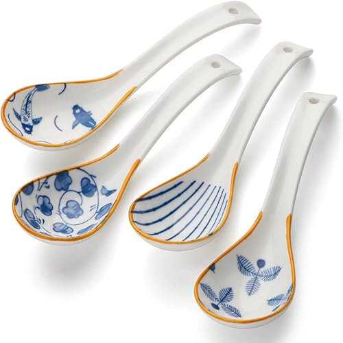 Juego de 4 cucharas de sopa de cerámica china, cucharas de ramen para albóndigas de cereales de fideos Pho