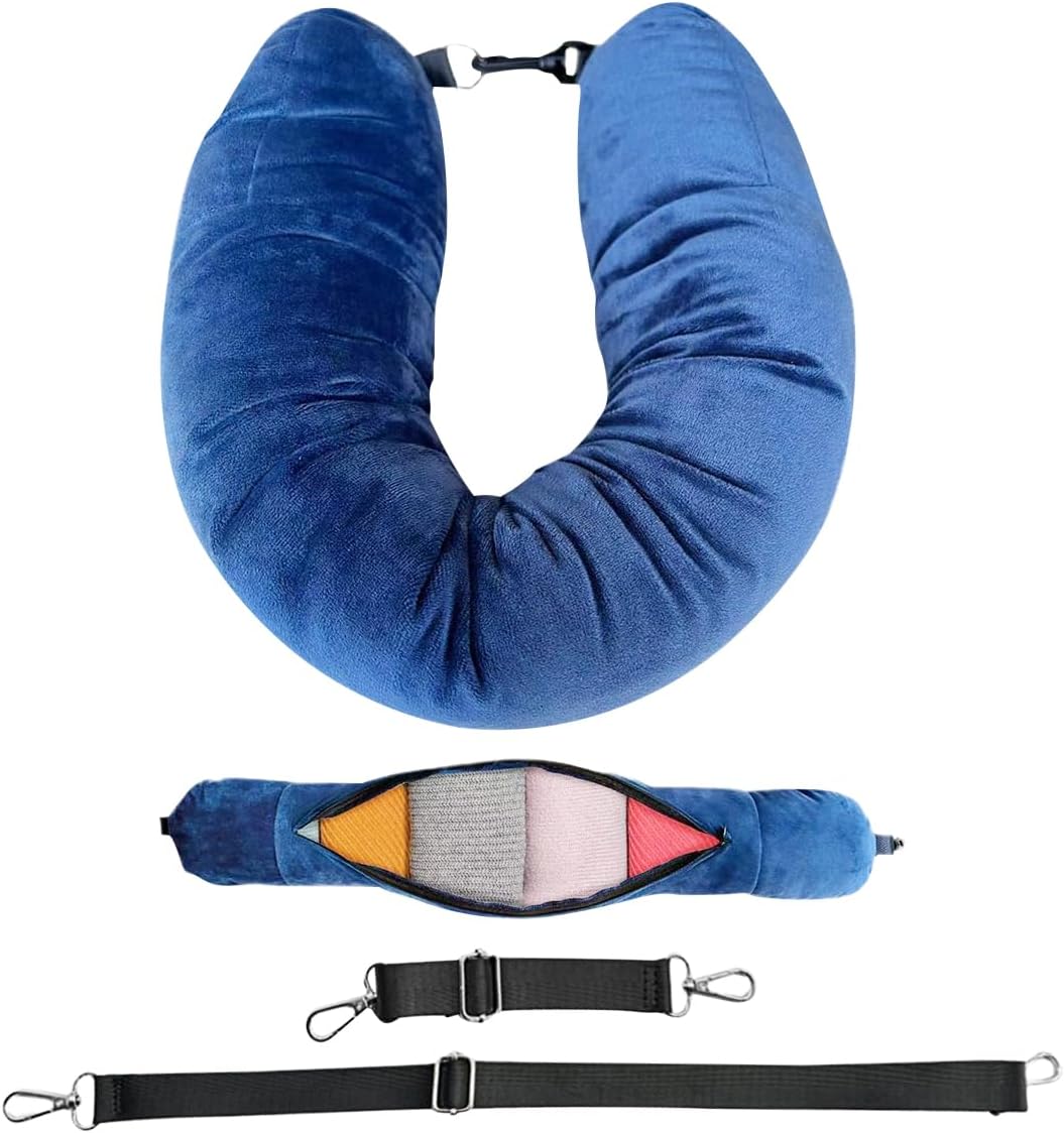 GiantGo Stuffable Travel Neck Pillow with Adjustable Straps – Fillable with Clothes for Personalized Comfort, Soft Washable Velvet Fabric, Space-Saving and Versatile Travel Companion, Blue