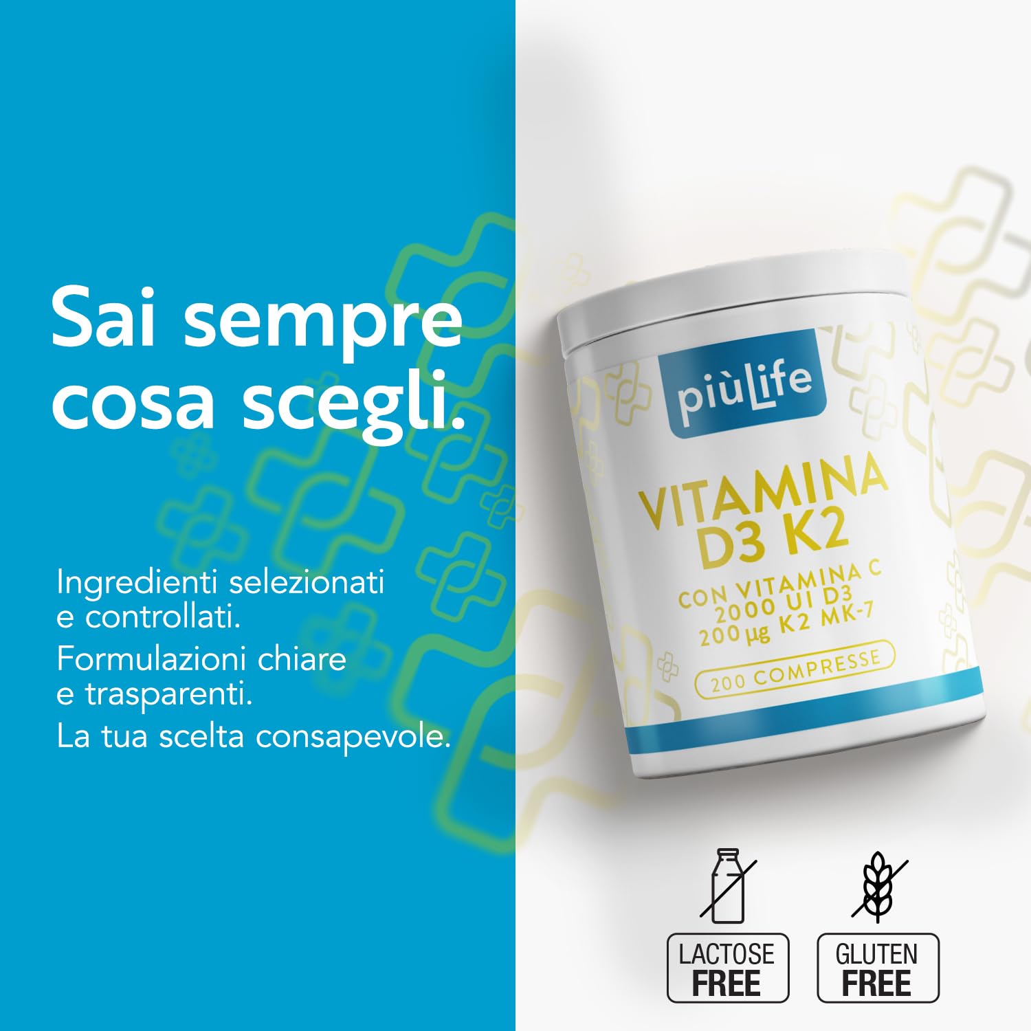 Vitamina D3 K2 Mk7 Con Vitamina C PiùLife – 200 Compresse – 1 Al Giorno, Vit D3 2000 UI, K2 200µg – Sostiene ossa forti, difese naturali e l’equilibrio di calcio e fosforo