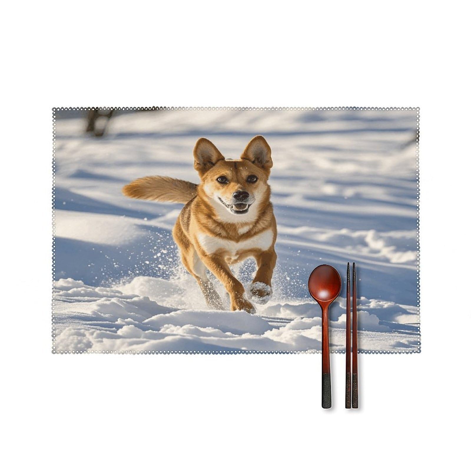 Dog Chasing in The Snow Placemats Set of 6 Heat Resistant Non-Slip Table Mats Washable Indoor Outdoor Place Mats Rustic Vintage Seasonal Placemat for Kitchen Dining Outdoor Party Table Decor