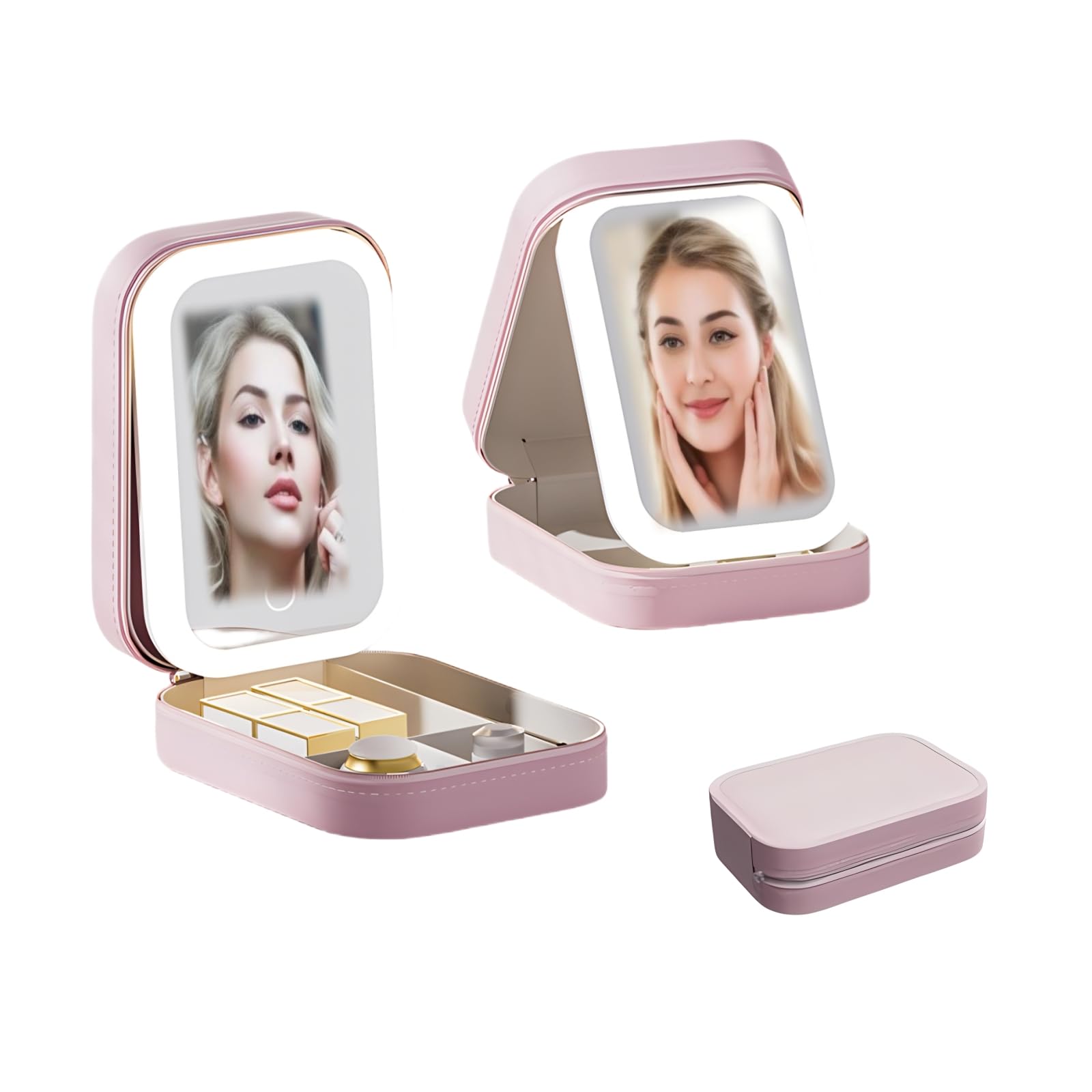 GANTTCHAGE Travel Makeup Bag With Led Mirror,Small Makeup Organizer With Light,Pink Beautifect Box Portable Makeup Bag Make Up Case, Gift For Girl&