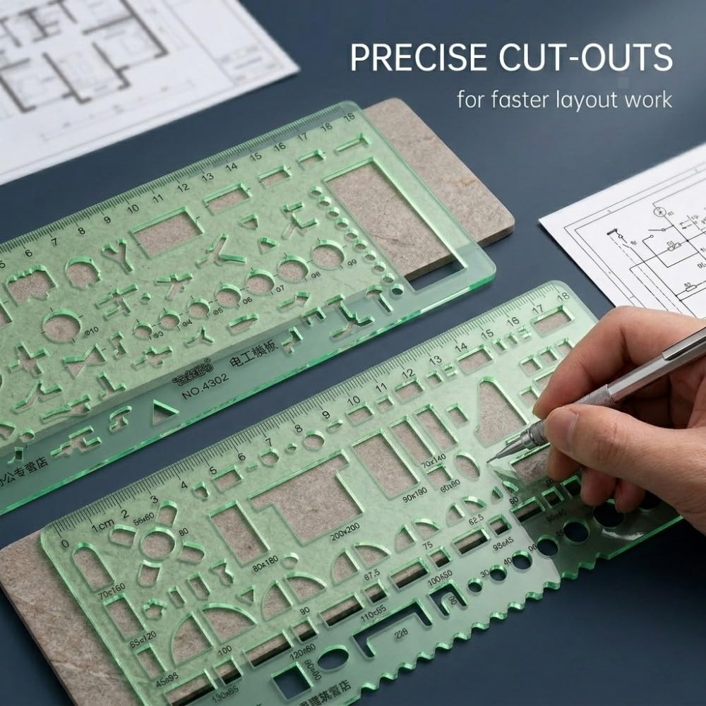 2 Piezas Plantillas de Dibujo Geométrico Regla de Medición para Arquitectura Muebles y Electrotécnica Esténciles Verde Claro para Círculos y Óvalos Herramientas de Dibujo Oficina Escuela