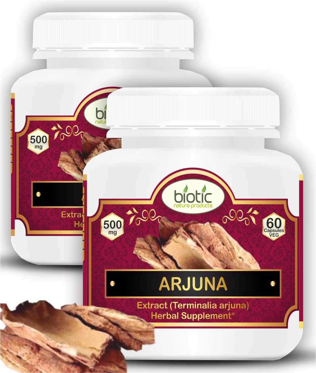 Biotic Arjuna Capsules - Terminalia Arjuna Extract for Heart Care 500mg - 120 Veg Capsules (Pack of 2)