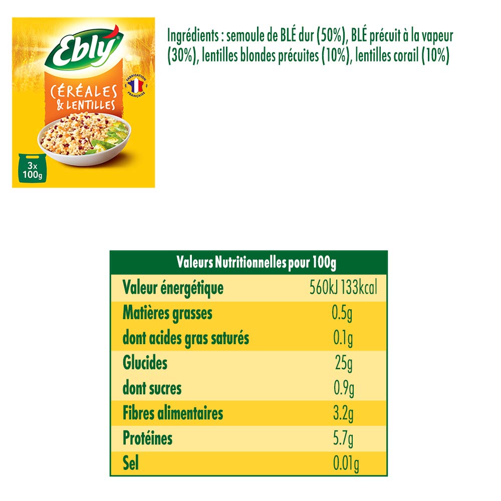 EBLY Céréales & Lentilles Couscous/Blé/Lentilles Corail/Blondes Cuisson 10 Minutes 3 Sachets de 100 g