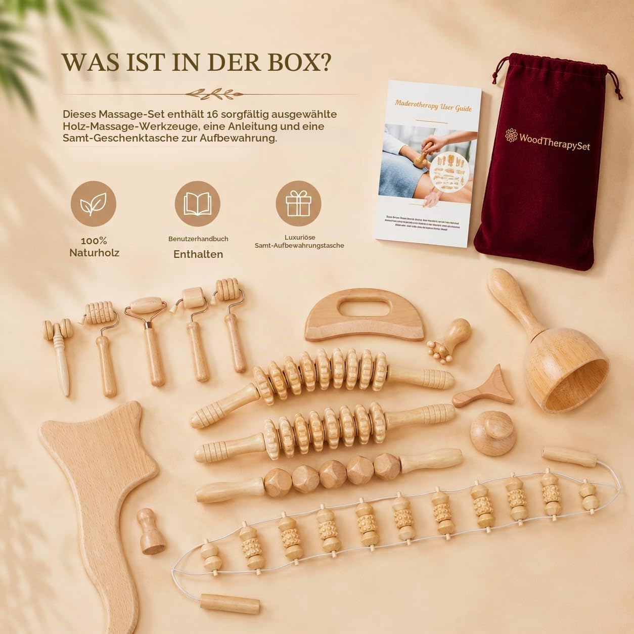 16-teiliges Wood Therapy Massage Set aus Holz, Maderotherapie Massage Tools mit Gua Sha & Faszien Roller für Ganzkörpermassage, Wellness und Muskelentspannung