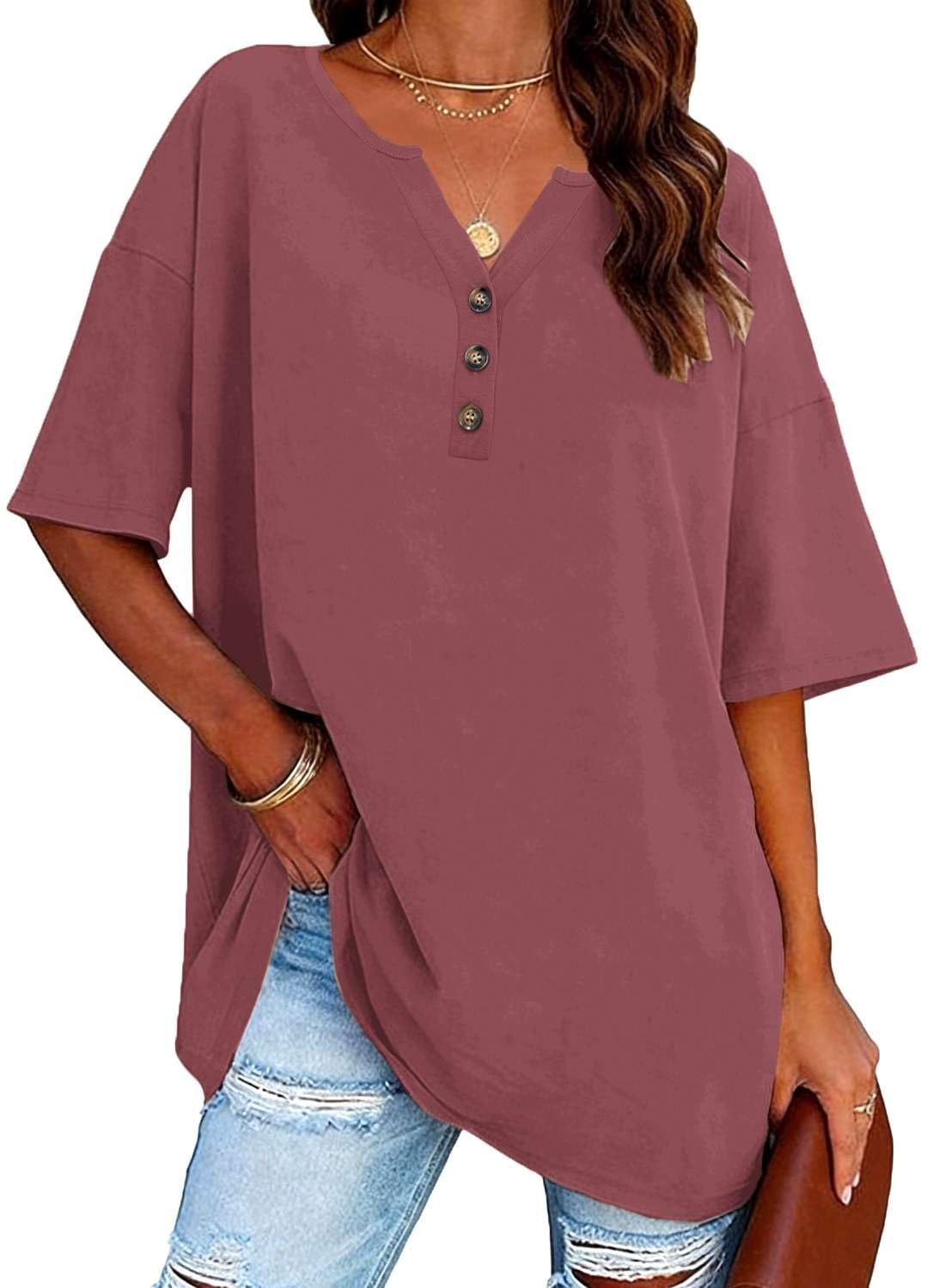 Teesho Damen T-Shirt Oversize Sommer Oberteil V-Ausschnitt Tunika Kurzarm Tops