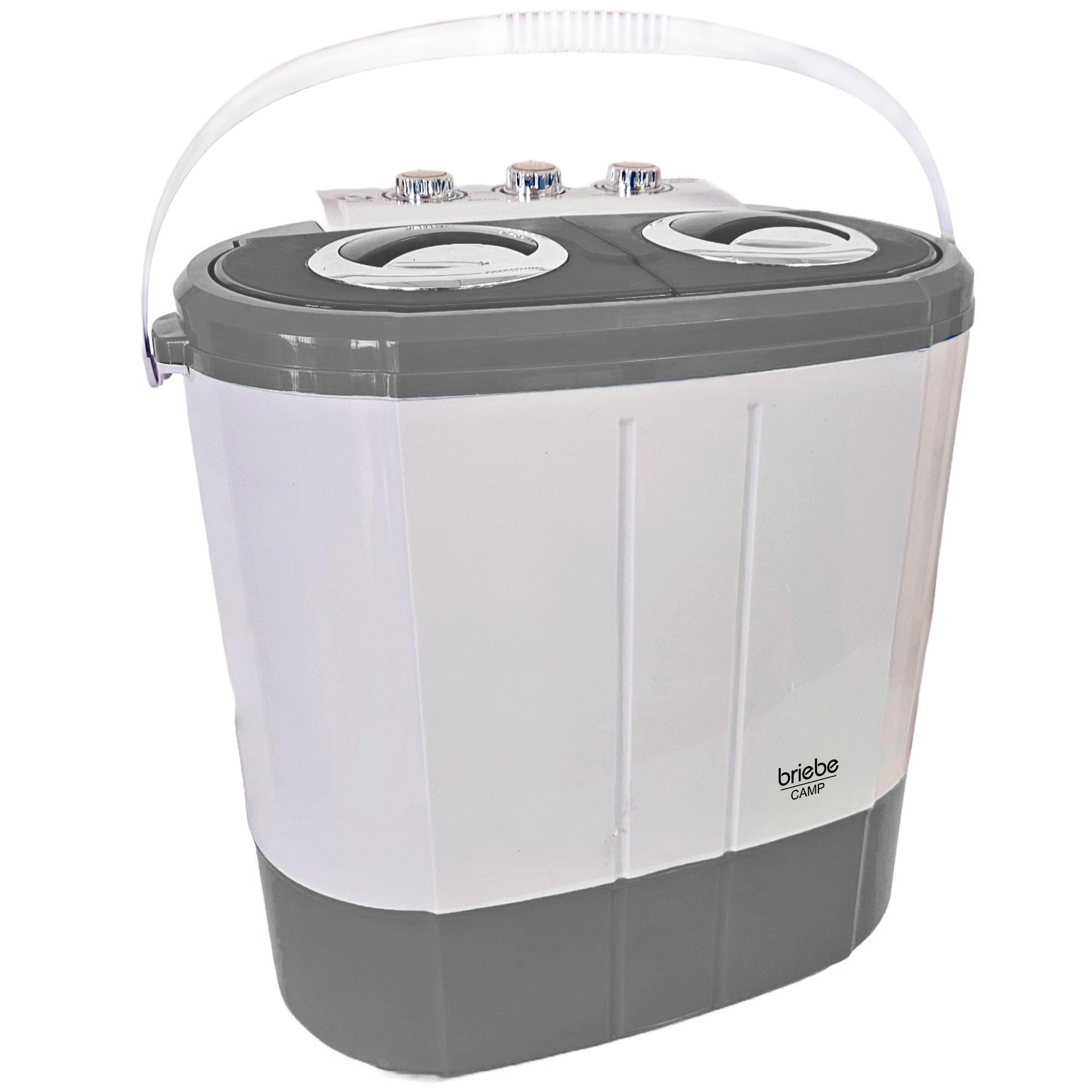 briebe Camp Mini-Waschmaschine, Tragbar, mit Schleuder, Camping, Kapazität 3 kg, Ideal für Reisen, Wohnwagen, Wohnmobile, Kleine mit 2 Fächern, Geringer Wasser- und Energieverbrauch, Grau/Weiß