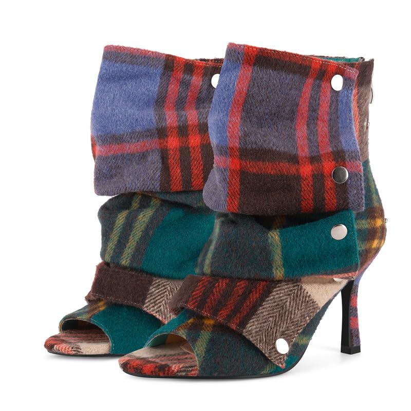 sexytag Women’s Open-Toe Booties – Folded Draped High Heel Ankle Boots with Back Zipper, Slouchy Peep Toe Stiletto Heels Ankle Boots for Fall Outfits & Streetwear Multicolor Plaid Size 7