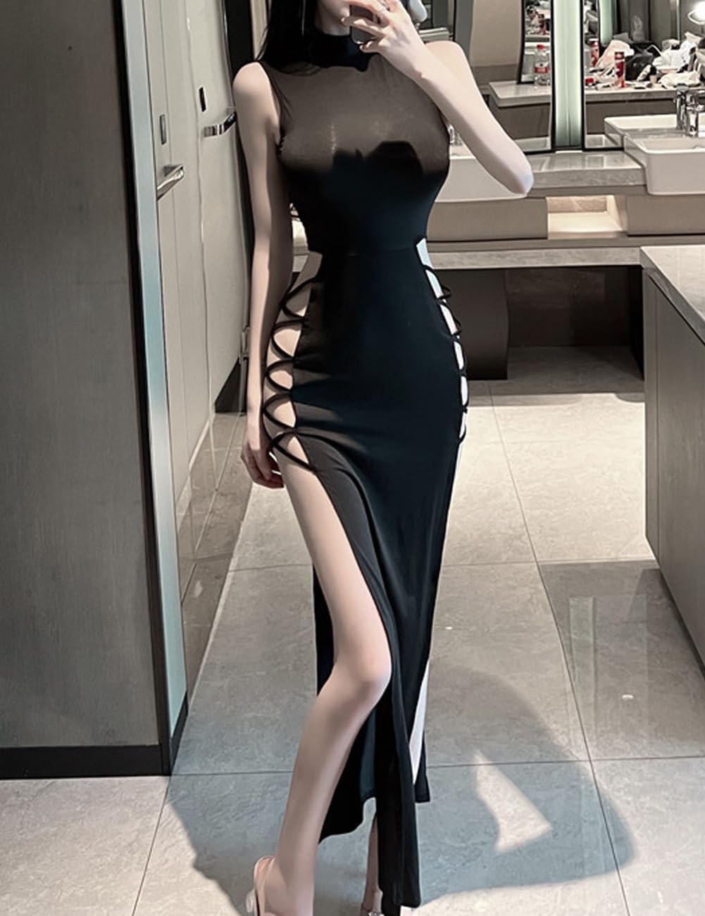 Y2K Robe moulante noire à lacets avec fente haute pour femme
