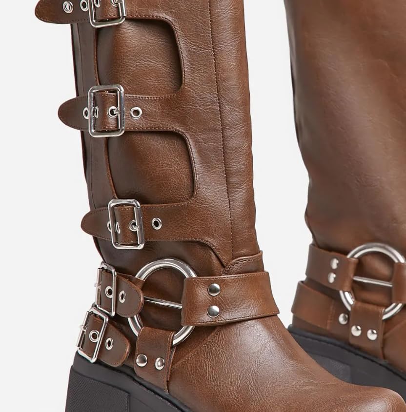 LEMONADE Buckle Up Now Women's Side Buckle Detail Chunky Sole Mid Calf Biker Boot3