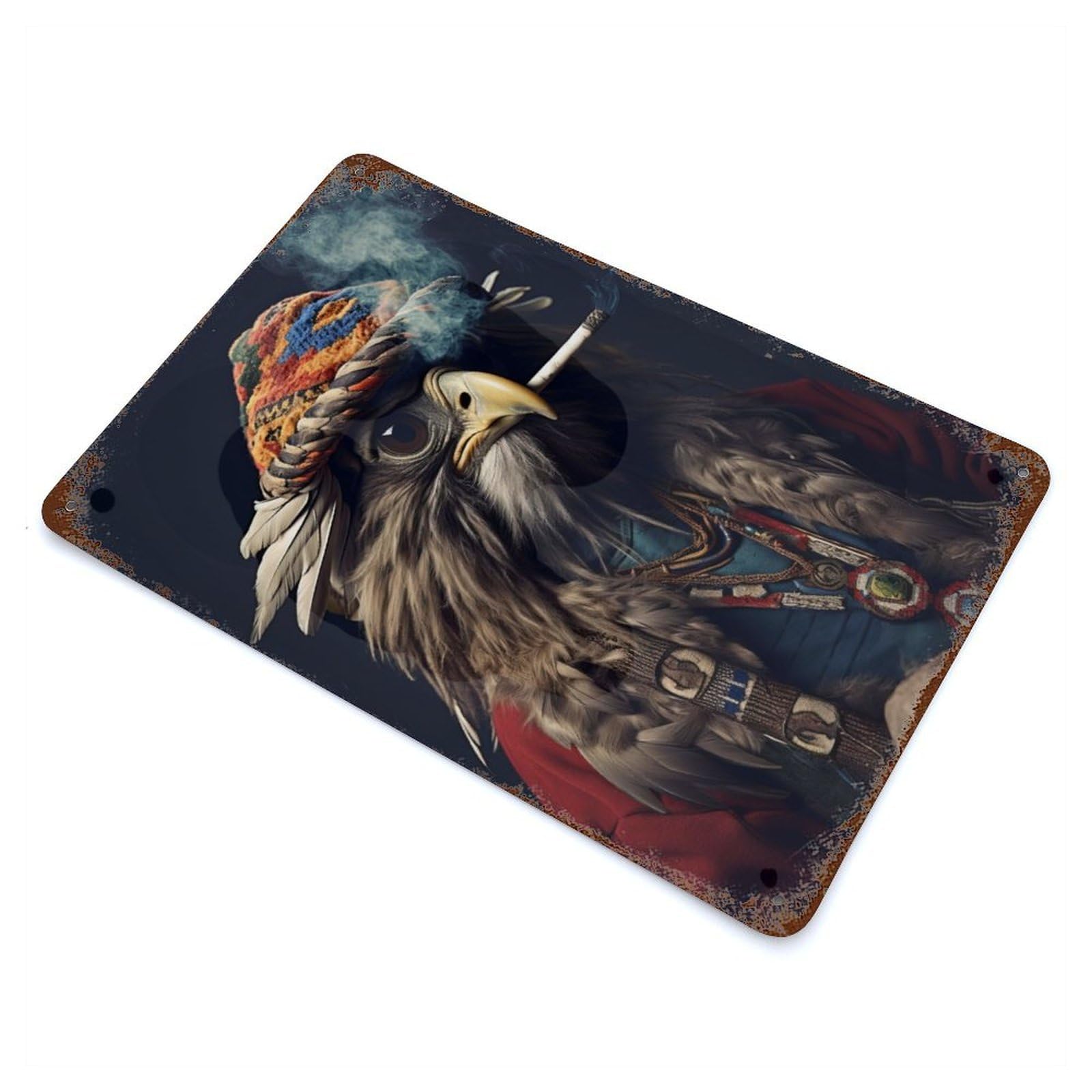 Hippie Eagle Smoking Vintage Wall Sign 11.8"x7.9", Rust Effect Metal Decor for Basement, Hobby Room And Garage Decor