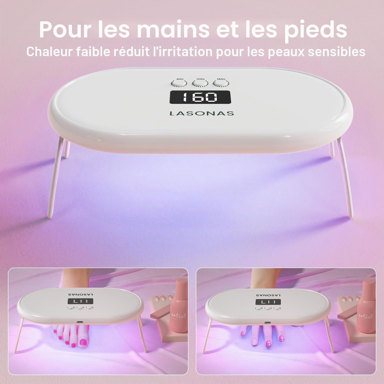 Lampe à ongles UV LED LASONAS pour vernis à ongles en gel 24 W, lampe UV avec 3 réglages de minuterie, séchage rapide, mini lampe de séchage portable pour autocollants et bandes à ongles en gel, soin