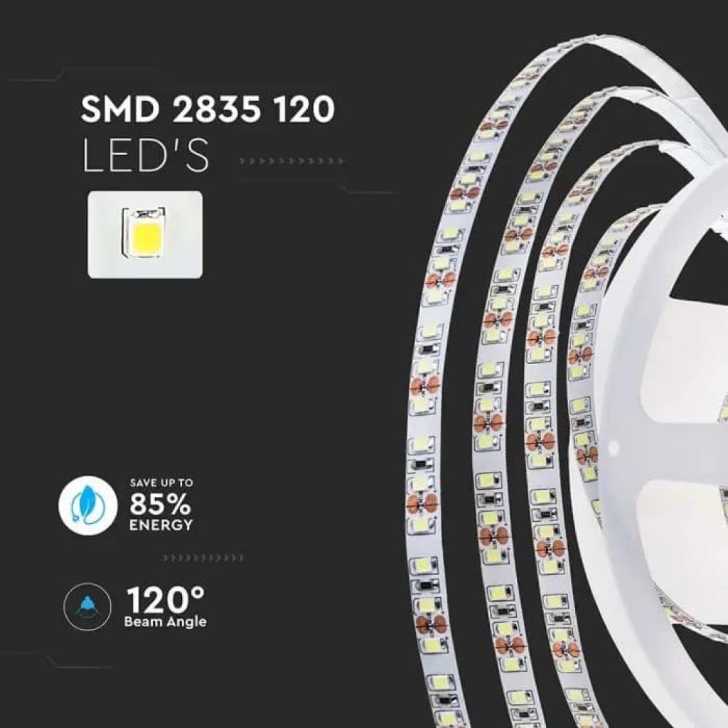 V-TAC Tira LED bobina de 10 metros 7,5 W por metro cinta luminosa SMD 2835 Color de la luz blanca fría 6500 K para interior con tira adhesiva, alimentada a 24 V.