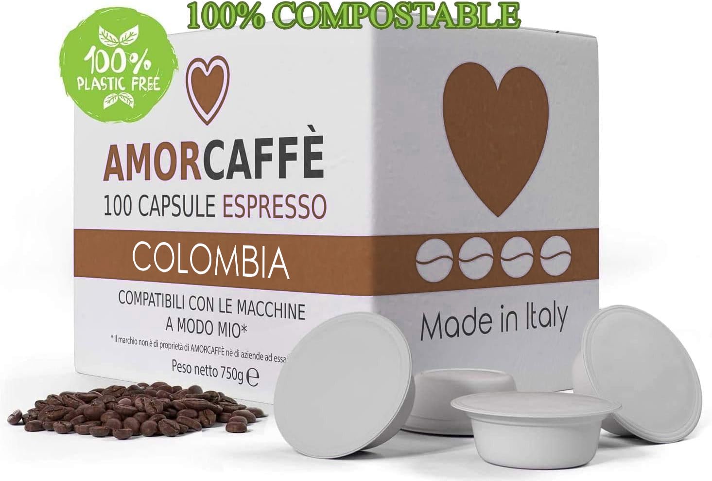 Amorcaffe 100 Compostable Compatible Coffee Capsules Pods for Lavazza A Modo Mio - Colombia taste - Plastic free