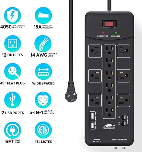 Miniatura 2 de CRST Regleta de protección contra sobretensiones (4050J) con enchufe plano y 2 USB (3.1 A), protección RJ11 para telmódemcoaxial, disyuntor de 15 A