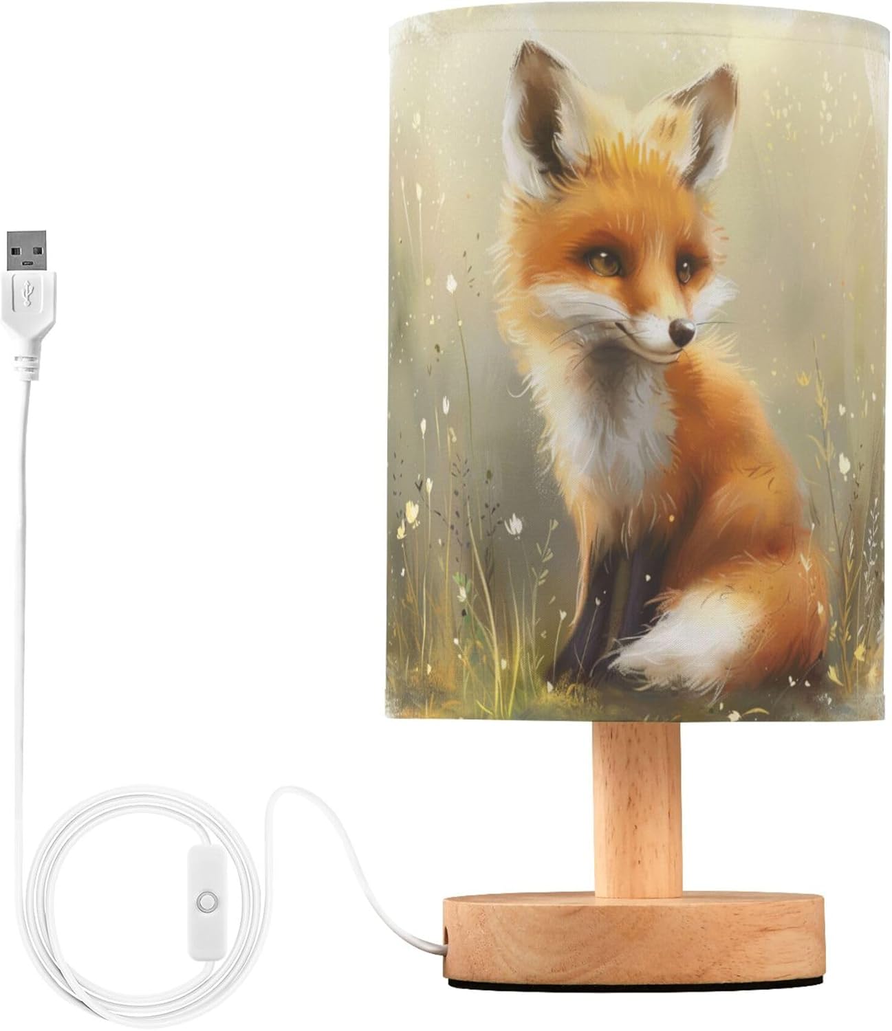 Table Lamp Cute Fox Floral Woodland Nightstand Lamp with Wood Base Fabric Lamp Shade Bedside Desk Lamp for Living Room Bedroom Kids Room Office
