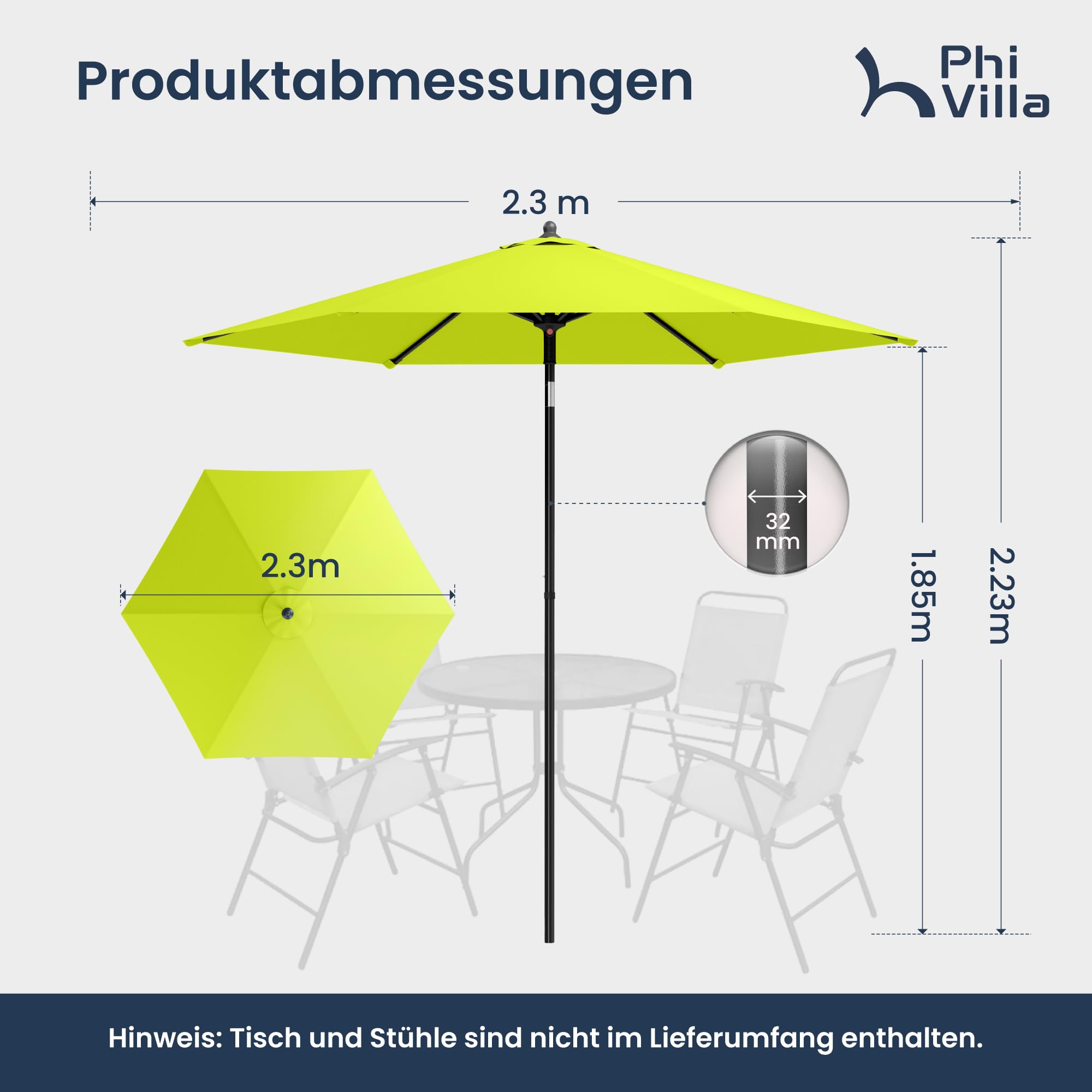 PHI VILLA Ø 230 x 220 cm Parasol rond avec pince Parasol de jardin inclinable coupe-vent stable à emporter Protection UV50+ pour balcon, terrasse, balustrade de balcon, table