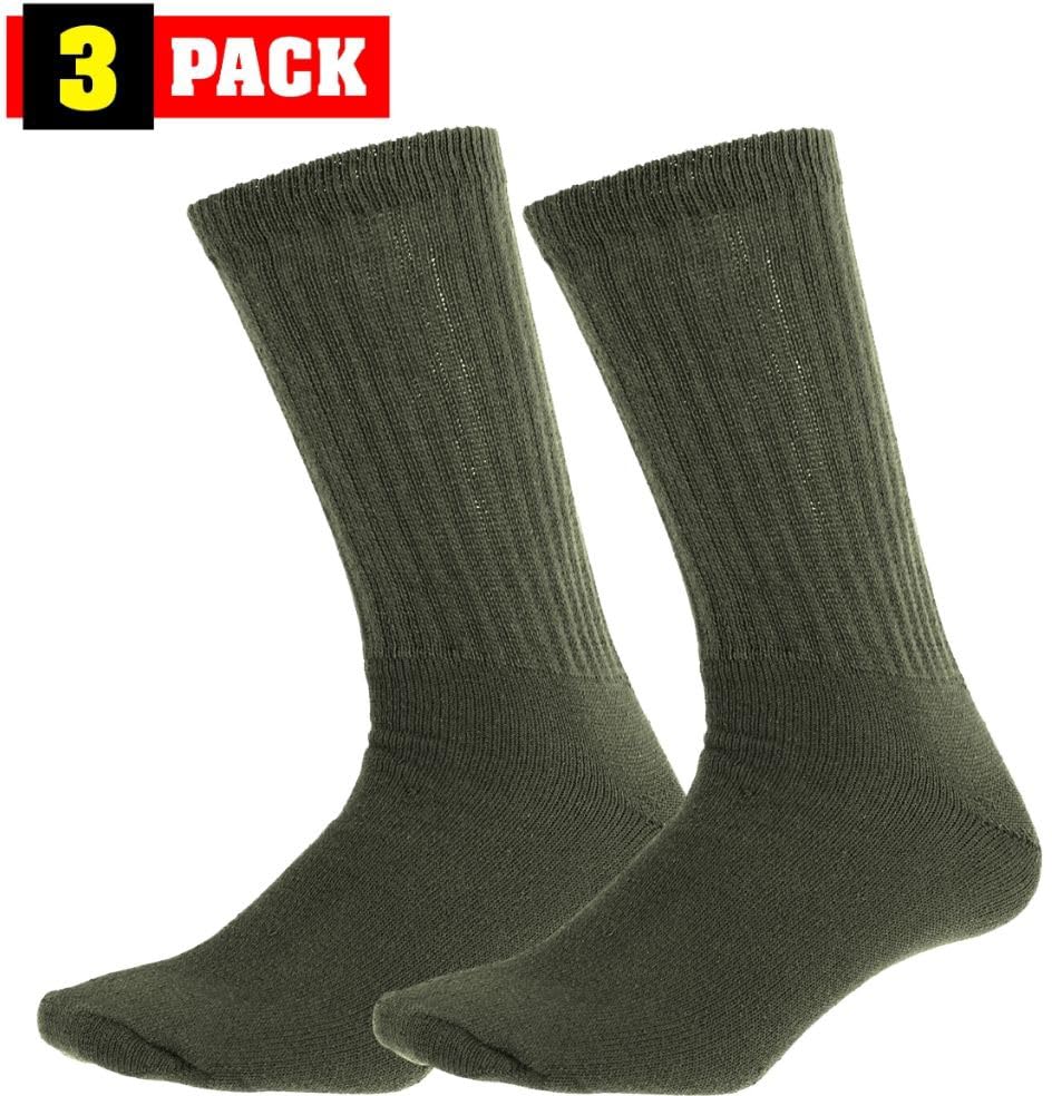 Athletic Crew Socks US Made Physical Training PT Hiking Military Work Outdoor, 3 Pack - Olive Drab - 10-13