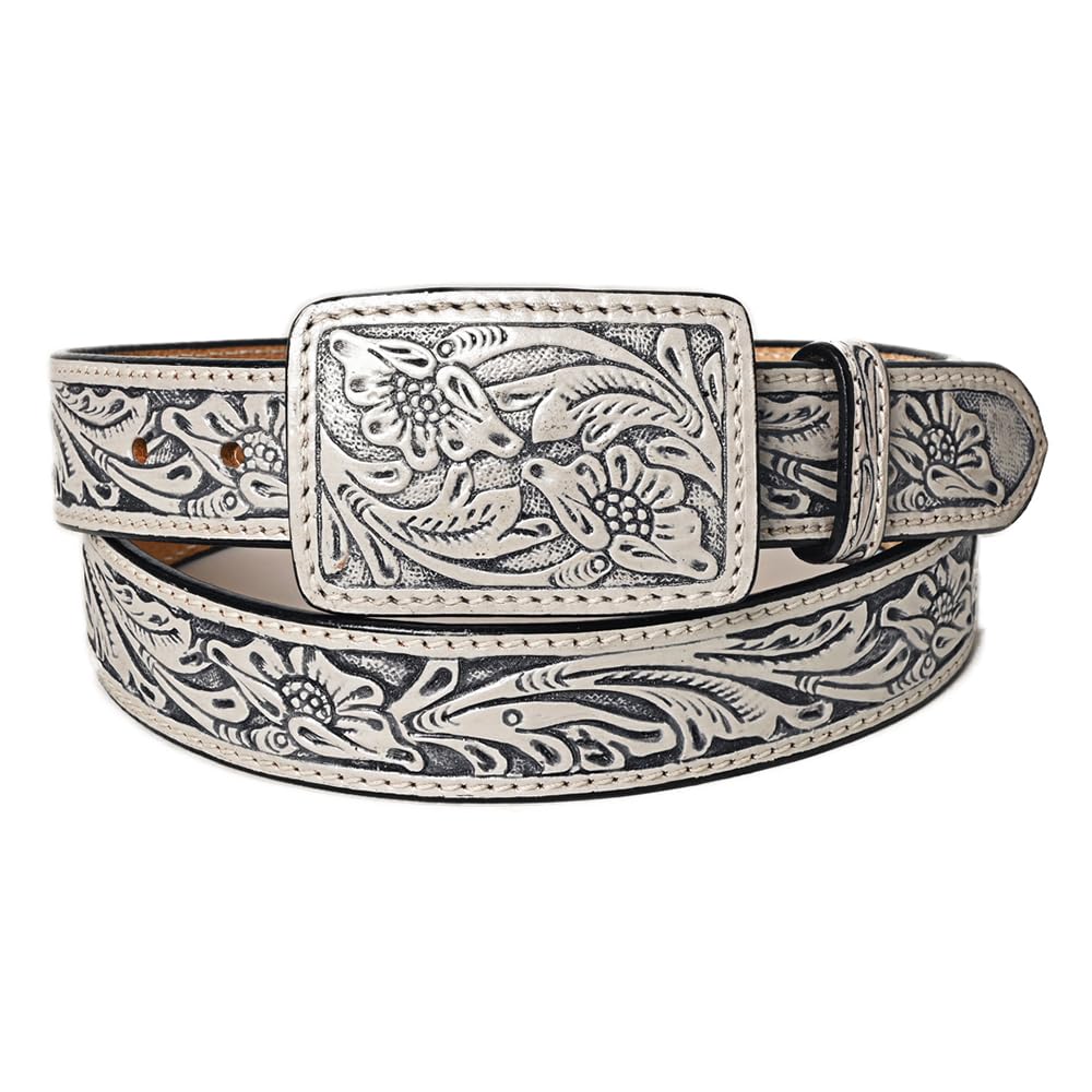 American Darling Beautifully Hand Tooled Grey Genuine American Leather Belt Men and Women Western Belt with Removable Buckle
