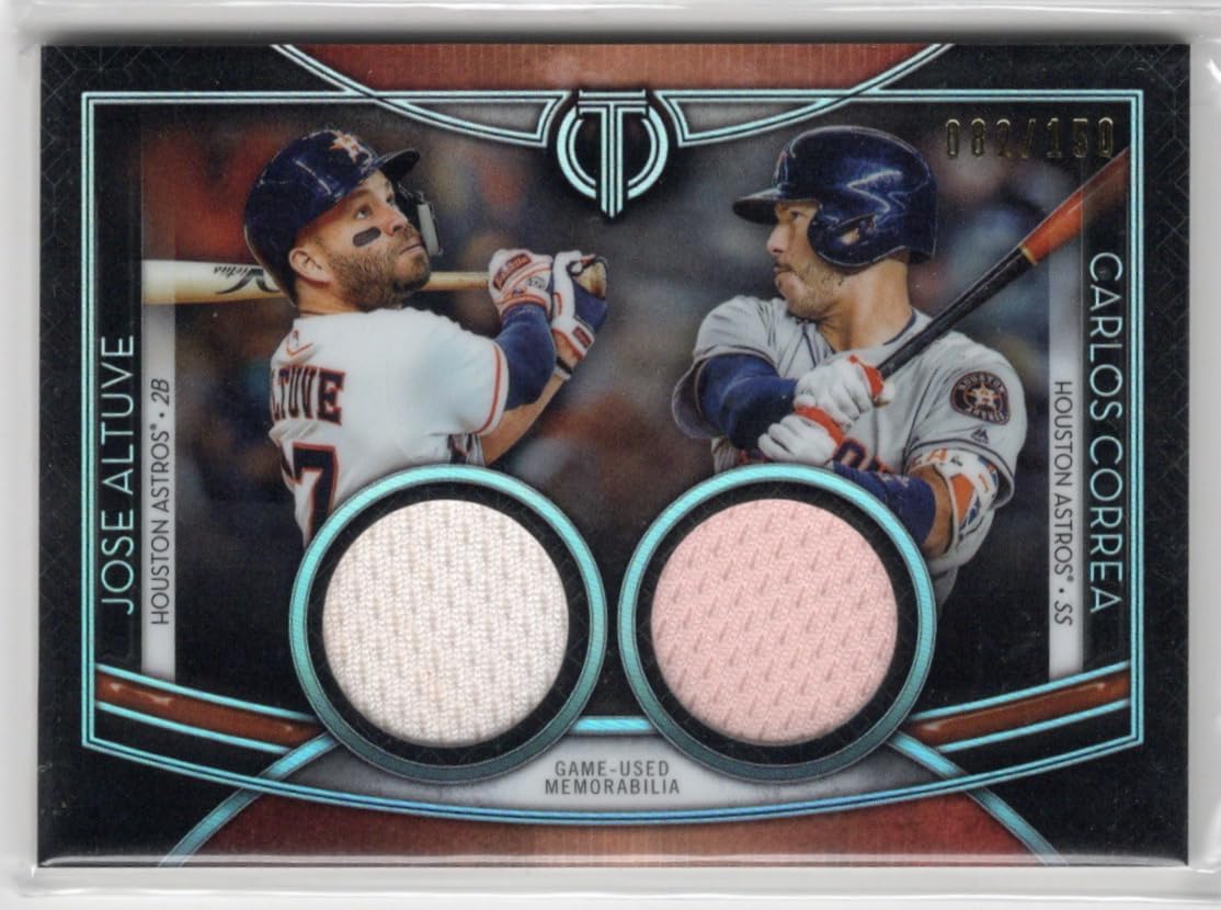 Jose Altuve & Carlos Correa Serial Numbered #82/150 Dual Relic Topps Tribute Triple Relics Game Used Memorabilia Relic Jersey Parallel Collectible Baseball Card - 2020 Topps Tribute Collection Baseball Card #DR-AC (Astros)