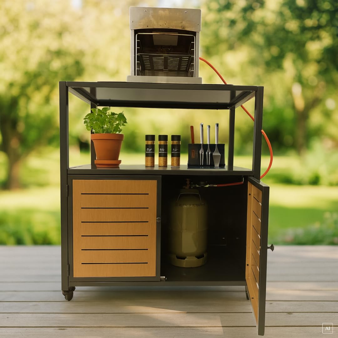 abc HOME Outdoor Küchenwagen Grilltisch fahrbar | Wetterfestes Metall (Pulverbeschichtet) | Gasflaschenschrank & Schwerlastrollen | Anthrazit Holzoptik (1, Küchenwagen ohne Rückenwand)