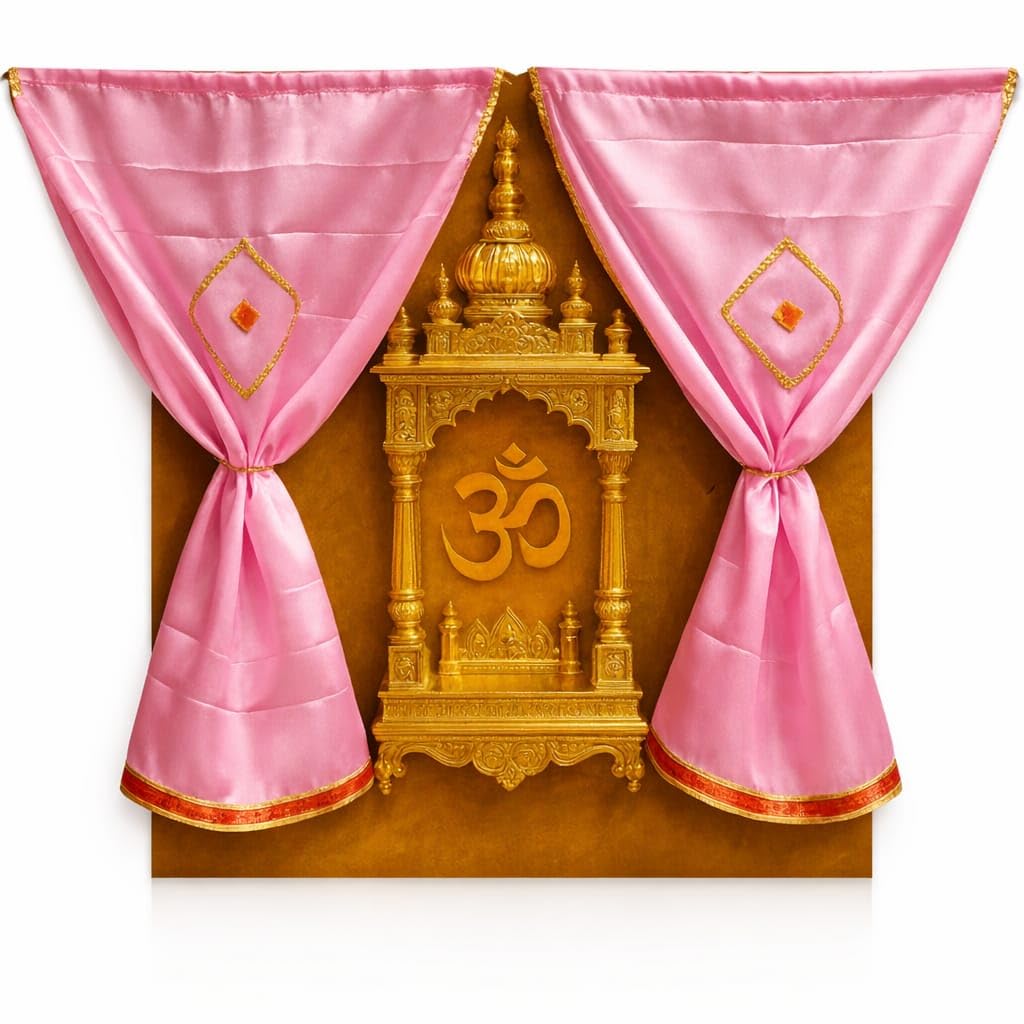 2 ft Small Temple Curtain Pink Satin Temple Curtain Set (28 inch Length and 36 inch Width) | Mandir Parda with Golden Border & Auspicious Diamond Motif | Premium Puja Room & Home Temple Decor-image-36