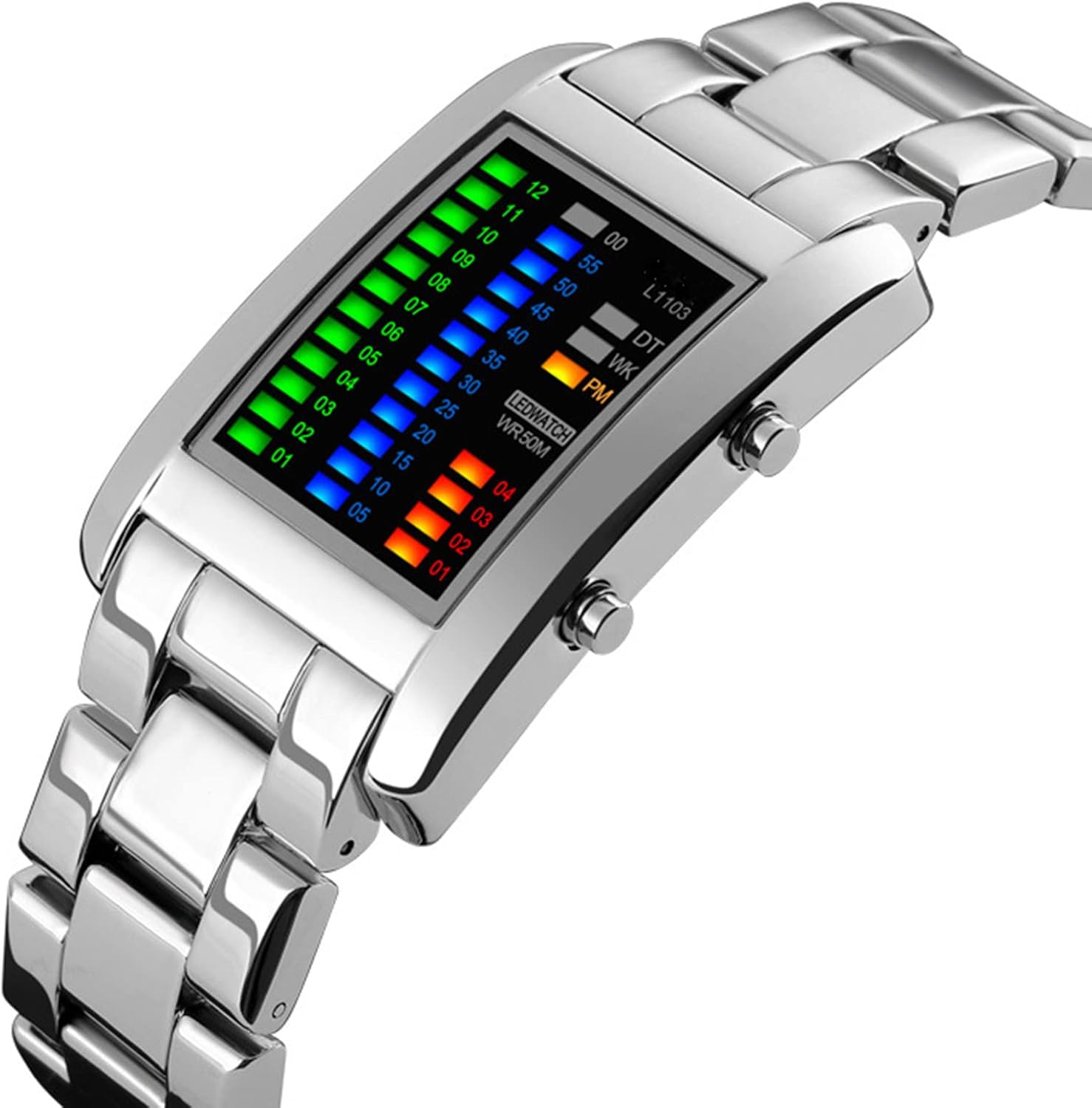 FANMIS Lovers Watch Waterproof Men Women Steel Red Binary Luminous LED Electronic Display Date Sport Watches (Silver Men B)
