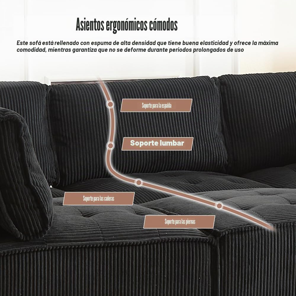 Sofá modular ergonómico de 6 plazas de 308 cm, sofá esquinero moderno con bolsillos de almacenamiento, flexible como sofá en U/en L/cama, tejido de pana para salón o apartamento, color negro