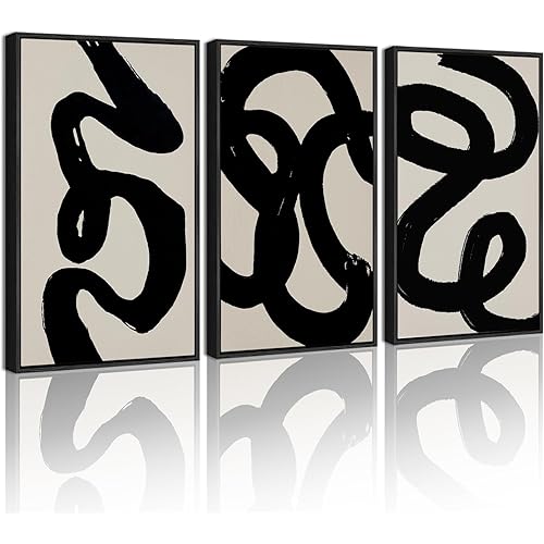 PHOPAGO Black Abstract Wall Art Ink Wash Minimalist Lines Framed Canvas Painting Artwork 11x14in Black Framed