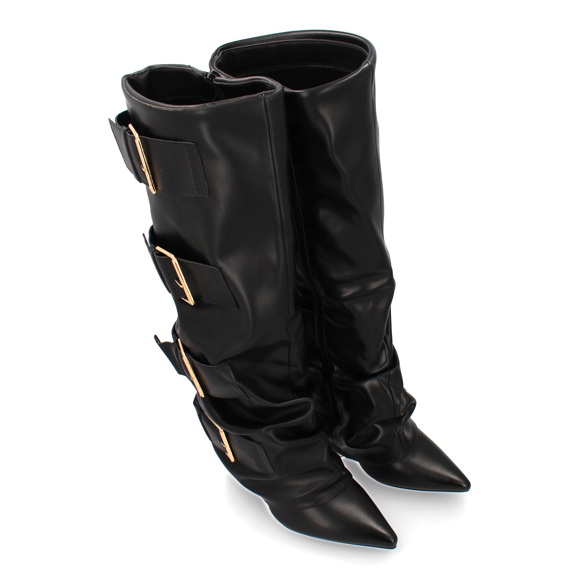 Botas Altas para Mujer con Hebillas y Efecto de Forro. Punta Fina y Tacon Comodo, Estilo Moderno y Elegante, Ideal para la Temporada Otono Invierno.