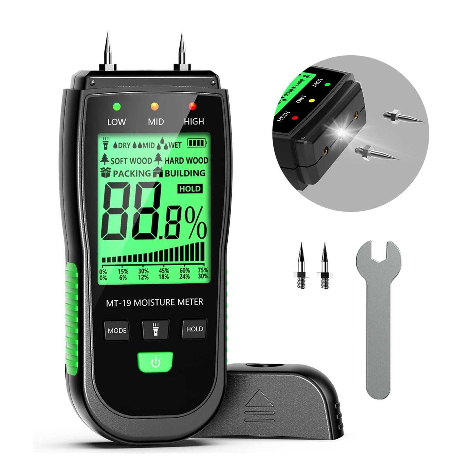 Feuchtigkeitsmesser, MT-19 Holzfeuchtemessgerät Digitale Feuchtigkeitsmessgeräte Wandhygrometer Holzfeuchtigkeitsdetektor Gebäudefeuchtigkeit(MT19)