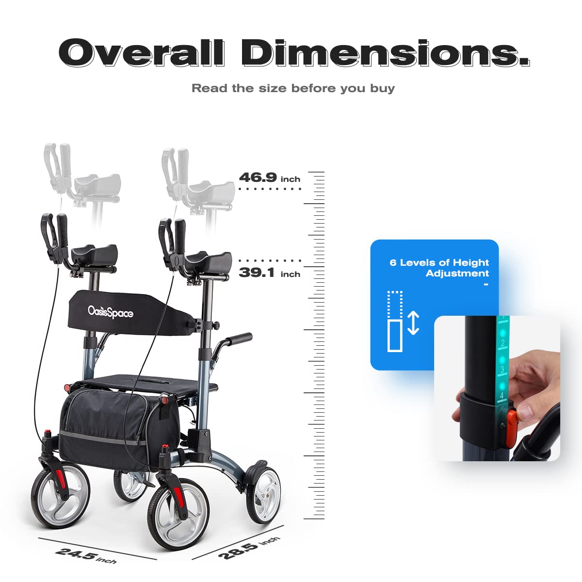 OasisSpace Upright Walker with 10” Front Wheel Stand Up Rollator