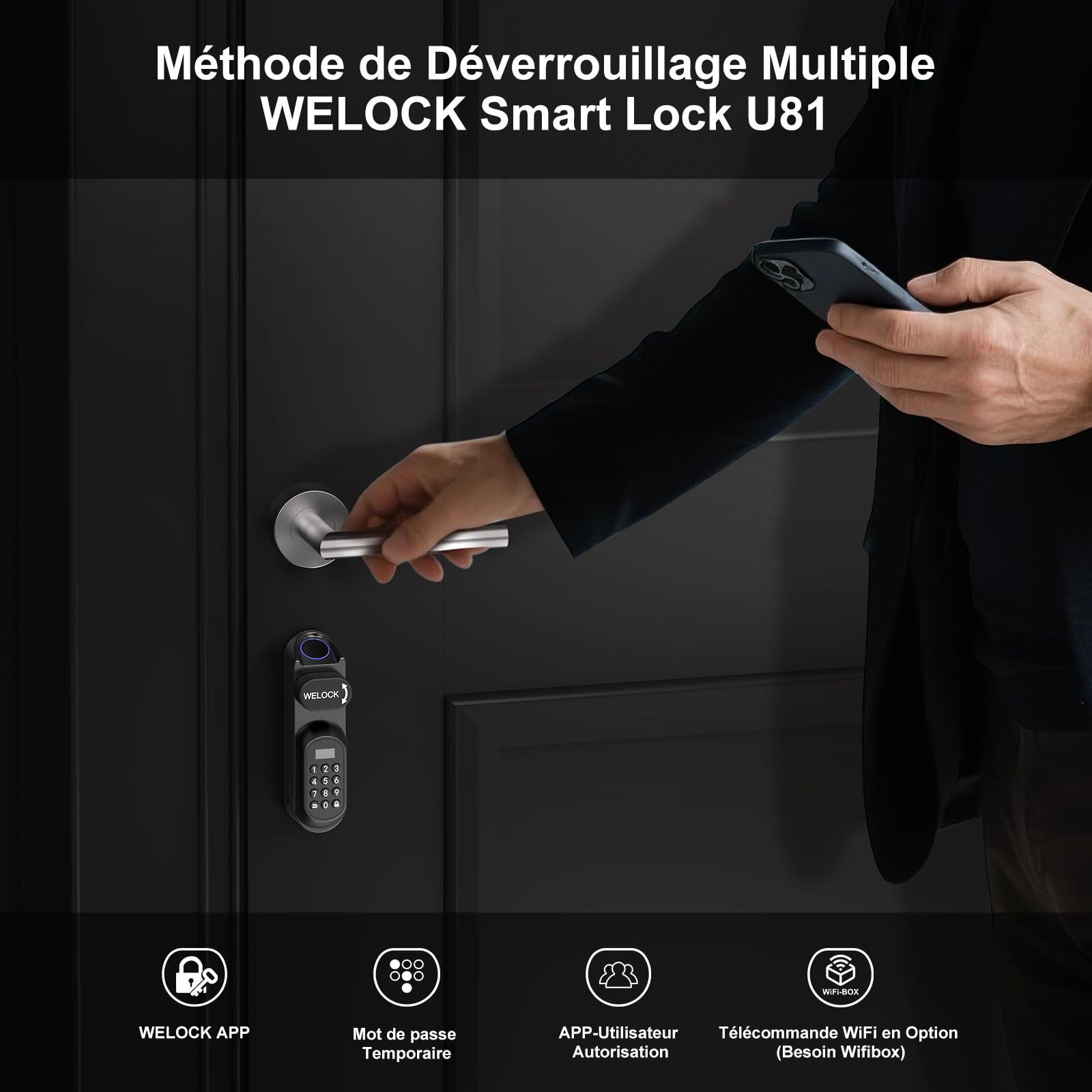 WELOCK U81 Smart Lock,Serrure Connectée,Serrure Empreinte Digitale avec Mot de Passe,RFID Carte,APP,serrure à code WiFi(Besoin wifibox),Cylindre Connecté 30/30 pour porte de 50-90mm,Facile à installer