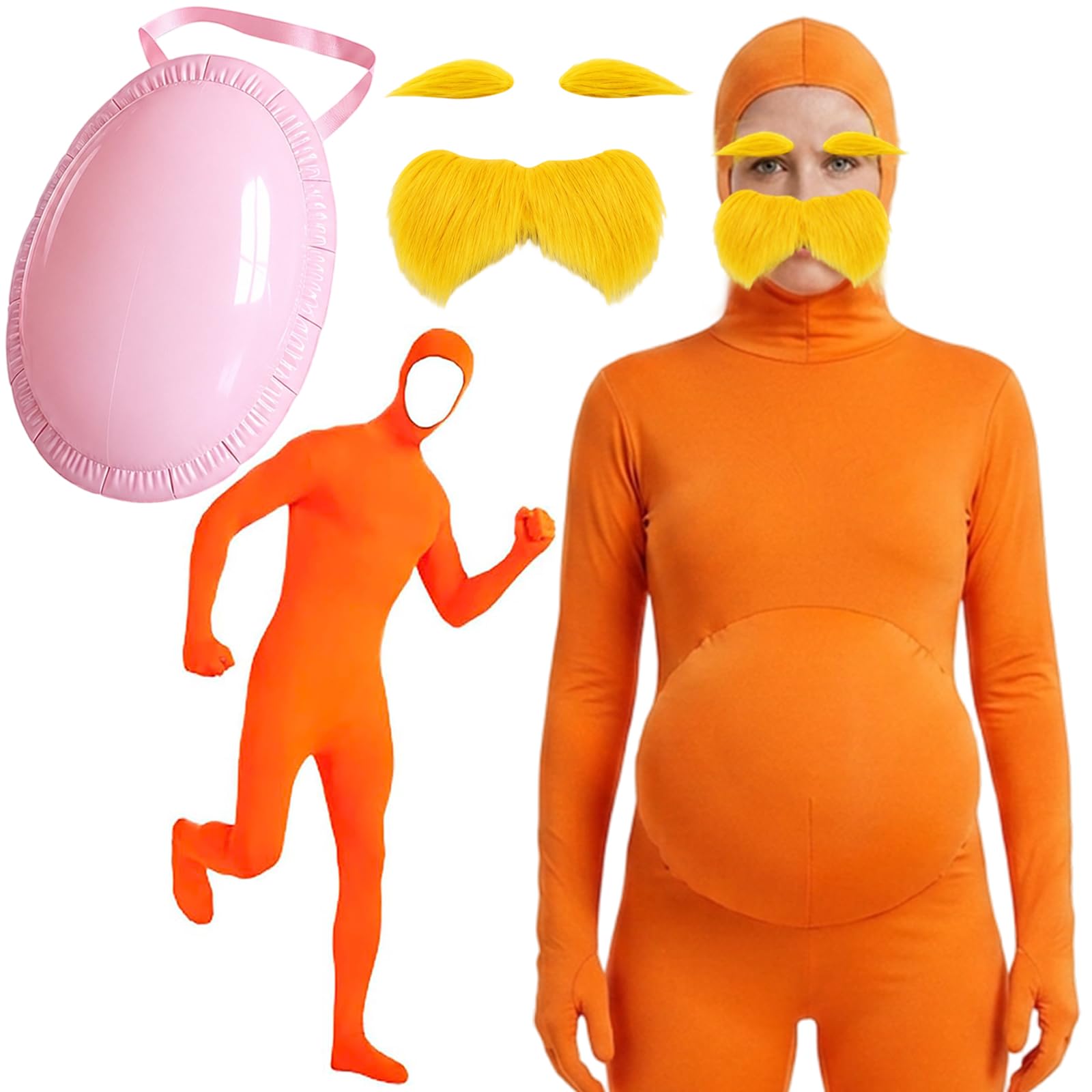 Orange Jumpsuit, Halloween Costumes, 3 PCS Orange Costume with 1 Orange Body Suit + 1 Yellow Mustache & Eyebrow + 1 Inflatable Belly, for Attending Halloweens and Party Use by Those Aged 15+ (150)