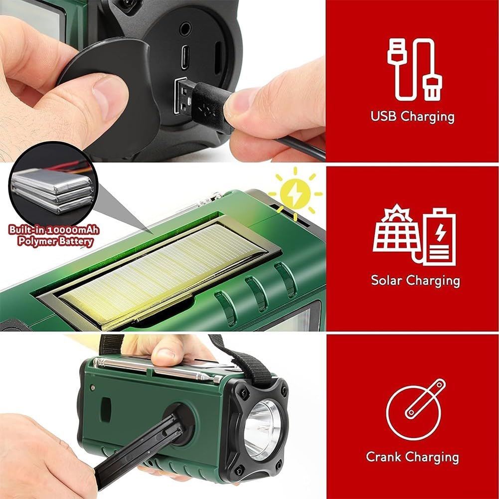 Radio Meteorológica Portátil FM/AM Con Energía Solar Y De Manivela, Batería Externa De 10000 MAh, Linterna LED, Lámpara De Lectura Y Carga USB-C Para Emergencias Al Aire Libre(Army Green)