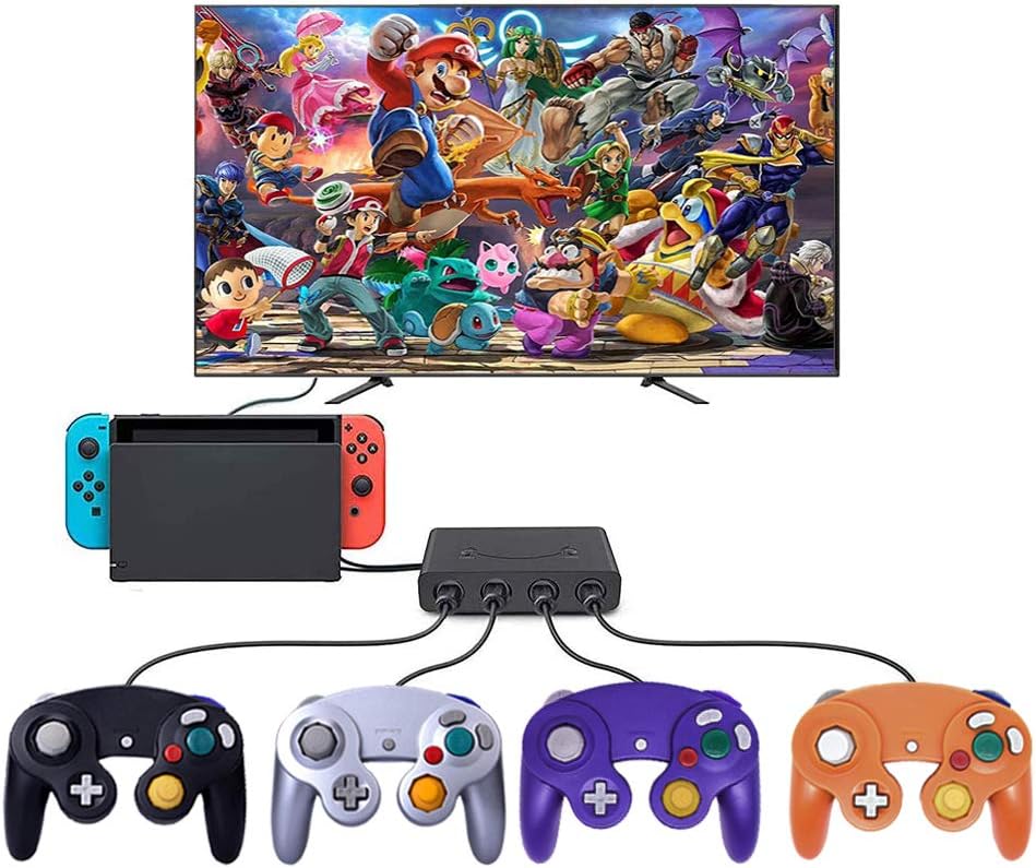 King Smart 4 Pack Gamecube Controller Bundle, with 4 Gamecube Extension Cables and 4-Port Gamecube Adapter for Wii U/Switch/PC (Black/Silver/Purple/Orange)
