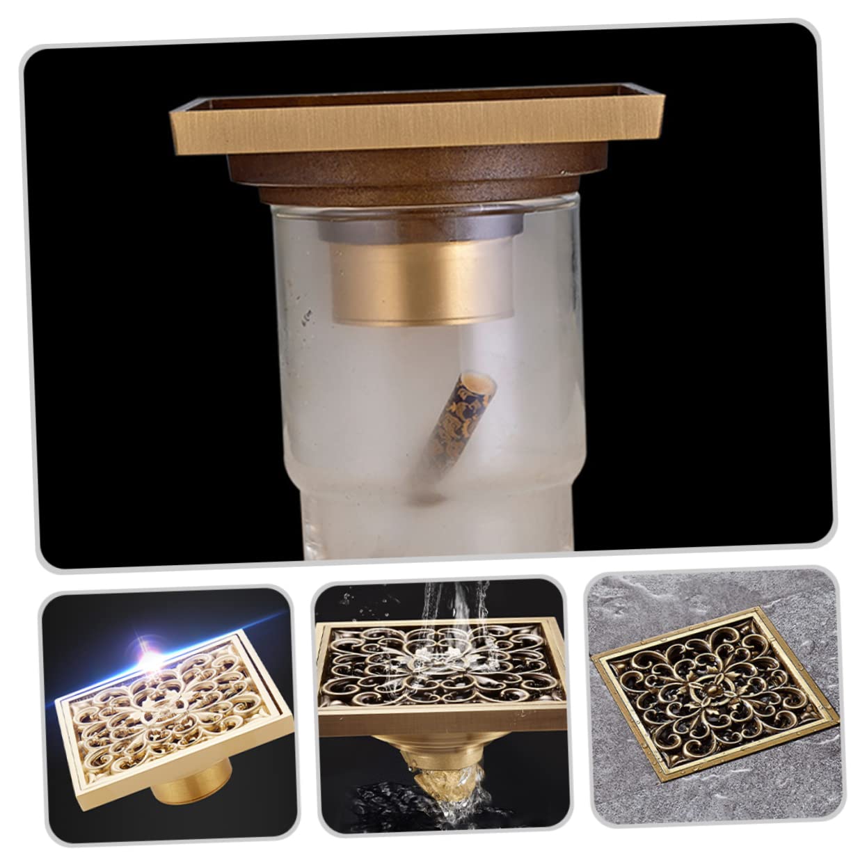 Scarico Europeo Ottone, Quadrato Pavimento Stile Doccia in Coperchio Antico, Filtro Robusto, Resistente alla Corrosione per Bagno