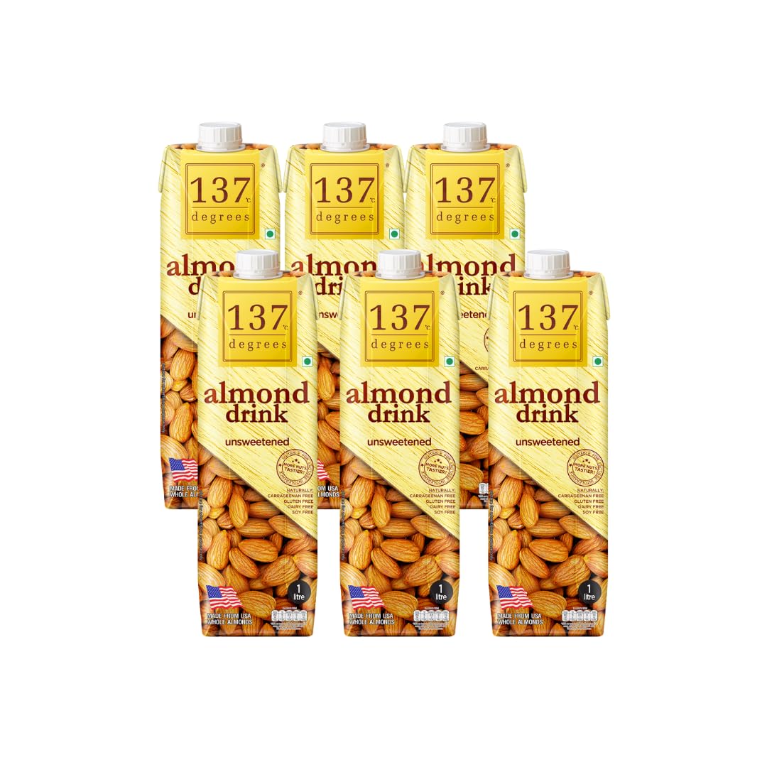 137 Degrees Almond Drink Unsweetened | Lactose Free | Gluten Free | No Preservatives | Zero Cholesterol | Dairy Free| Source of Calcium & Vitamins - PACK OF 6 (1L Each)