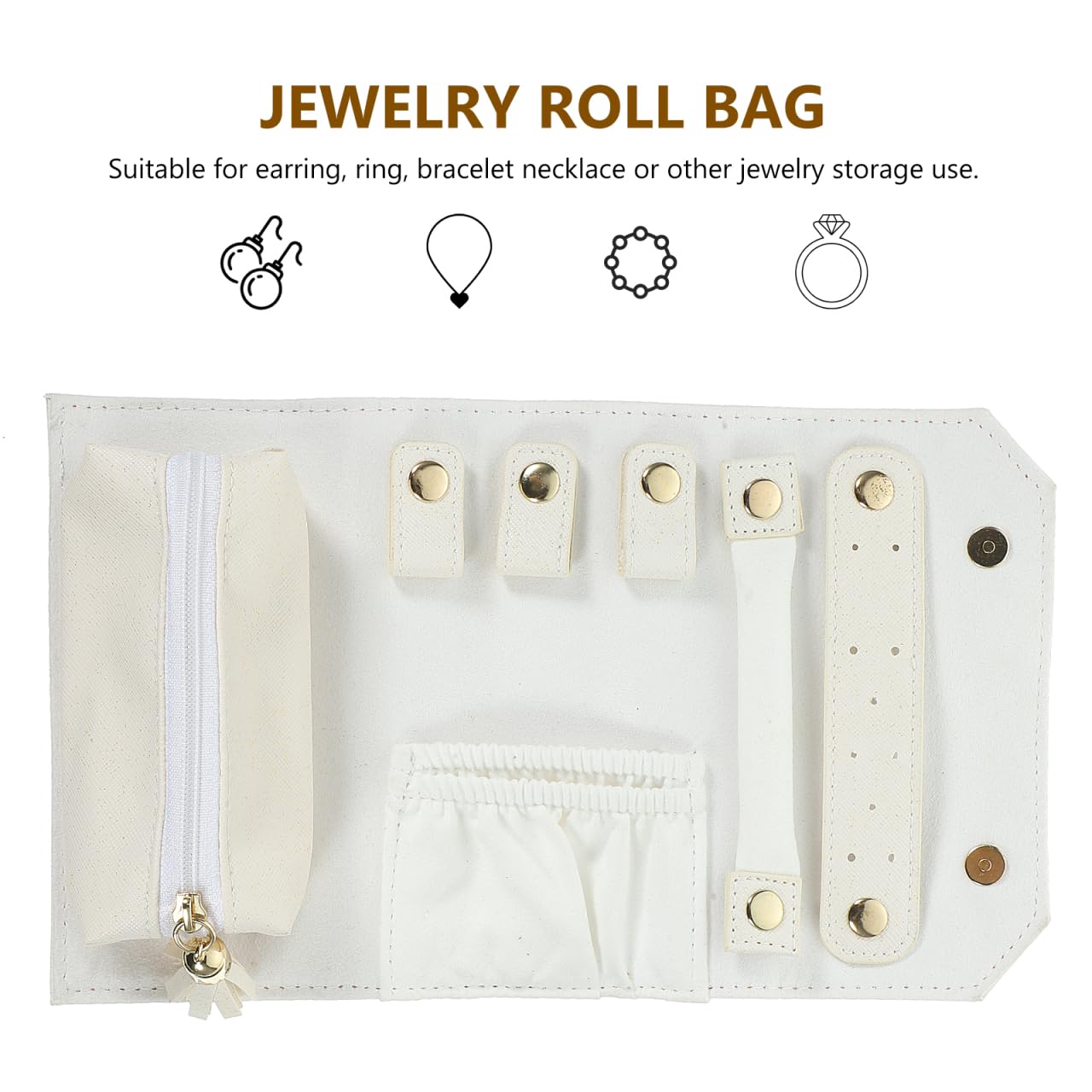 Jewelry Travel Organizer Foldable Roll Bag, Portable Pu Jewelry Storage Case, White Glitter, 9.25 X 5.70 X 1.57 Inches, Multi-Functional for Rings, Necklaces, Earrings, Bracelets
