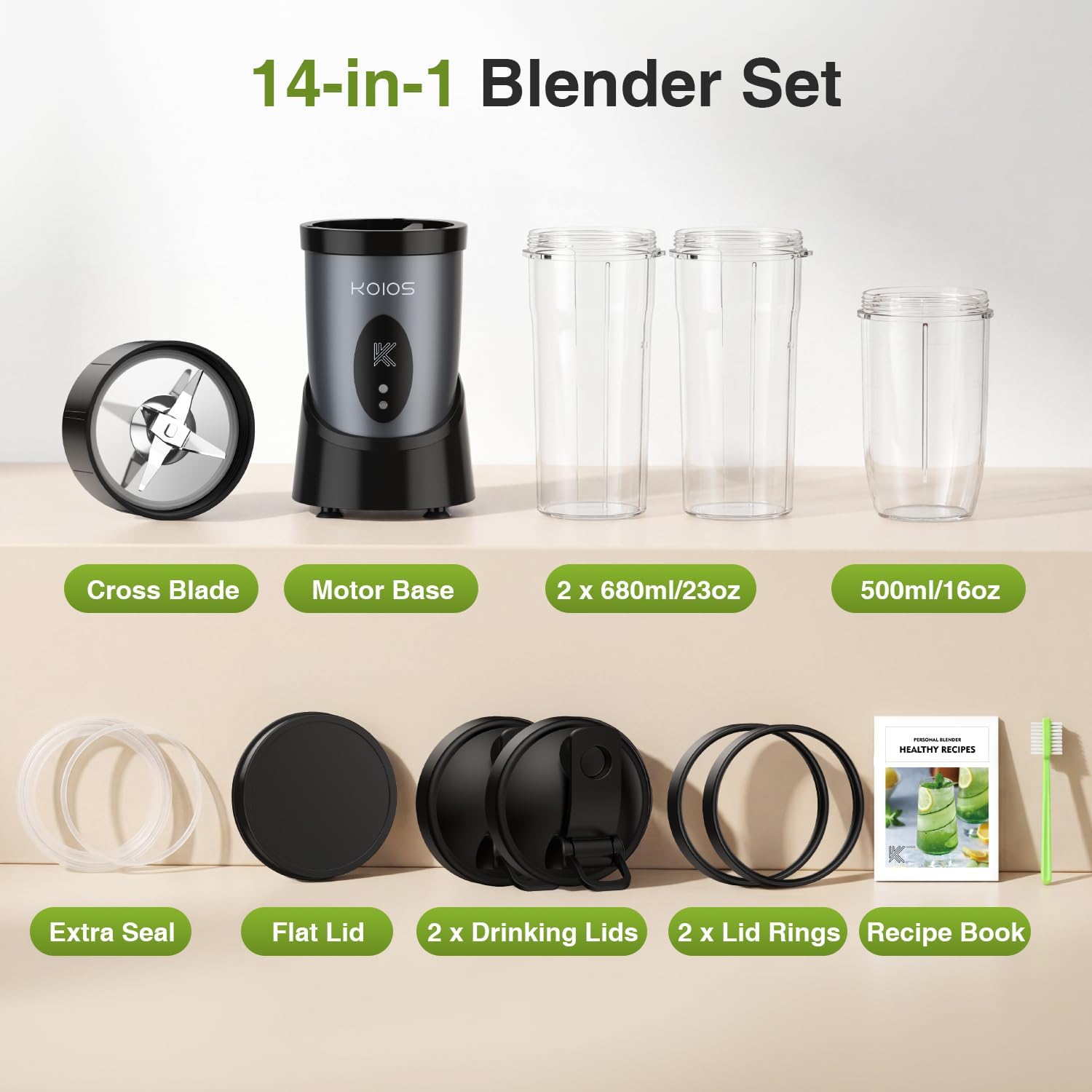 KOIOS Licuadora de batidos de 900 W, licuadora personal para batidos y batidos con 2 botellas batidoras portátiles sin BPA y tapas para llevar, batidora de una sola porción para jugos, comida de bebé