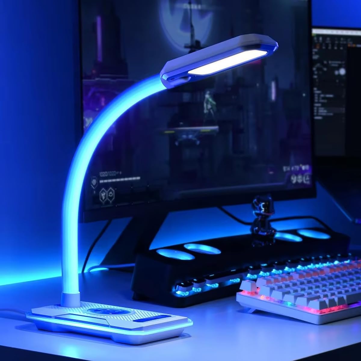 Schreibtischlampe LED Dimmbare RGB Tischleuchte mit 15W Wireless Charger und USB Ladefunktion, Musik Sync, Touch Steuerung, 8 Farbmodi , Einstellbar Schwanenhals Leselicht für Lesen Home Office, Weiß