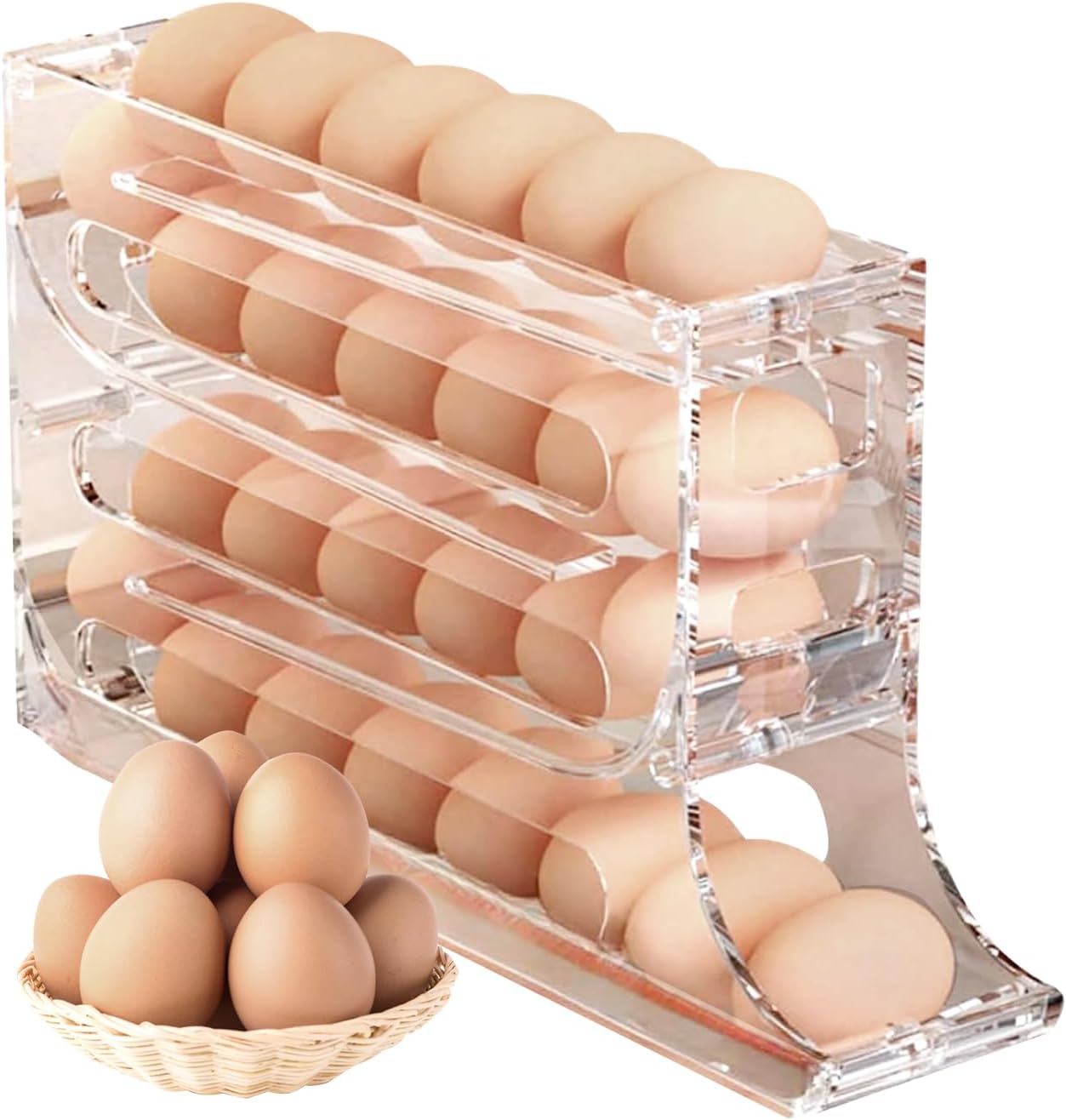 4 Tiers Egg Holder for Fridge, Auto Rolling Fridge Egg Organizer, Large Capacity Eggs Dispenser Storage 30 Egg, Space-Saving Egg Holder Rack for Refrigerator Kichen Cabinet (Clear)