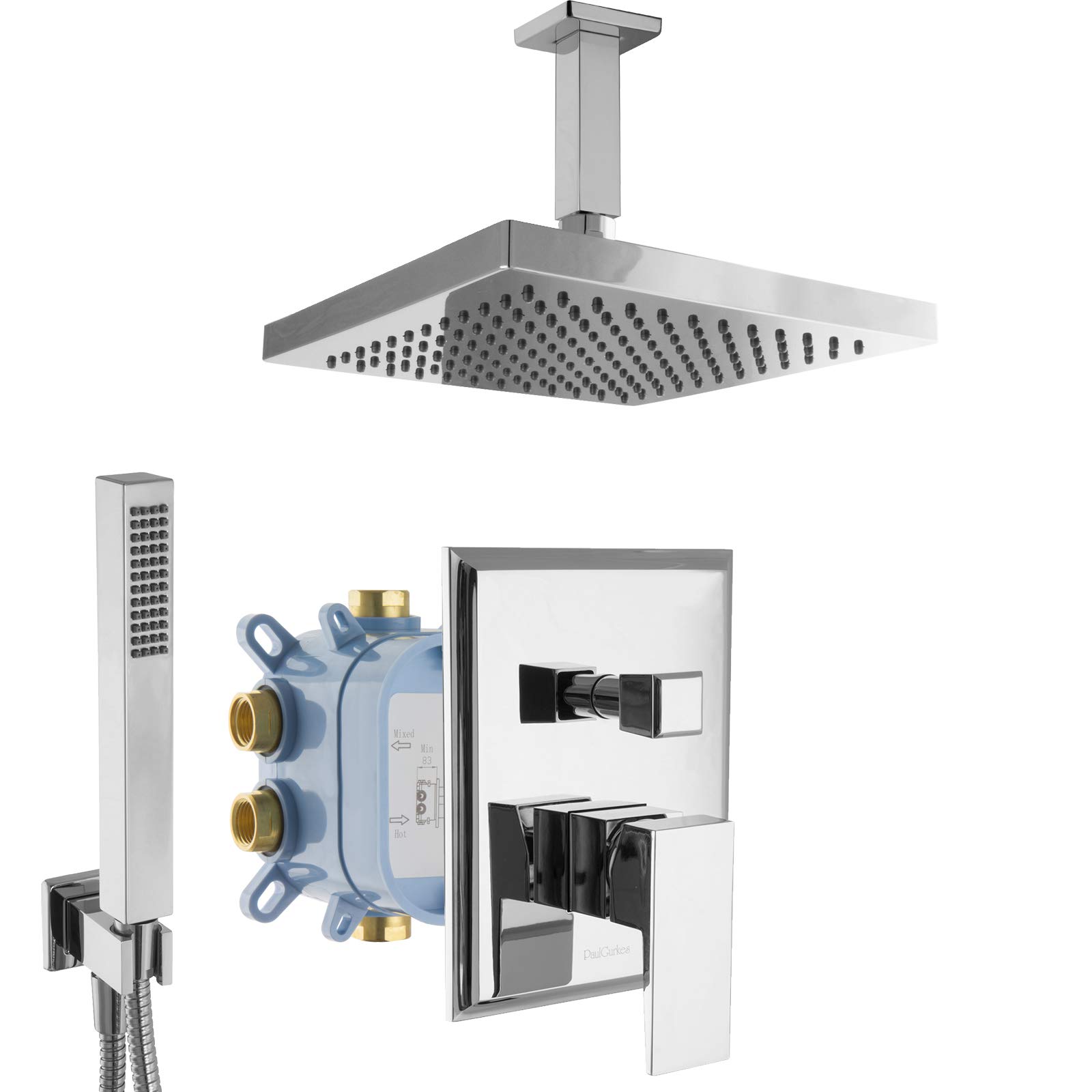 Sistema doccia incasso con miscelatore monocomando, ottone cromato, soffione 20x20 cm, doccia a mano, tubo 160 cm, montaggio a parete, bagno
